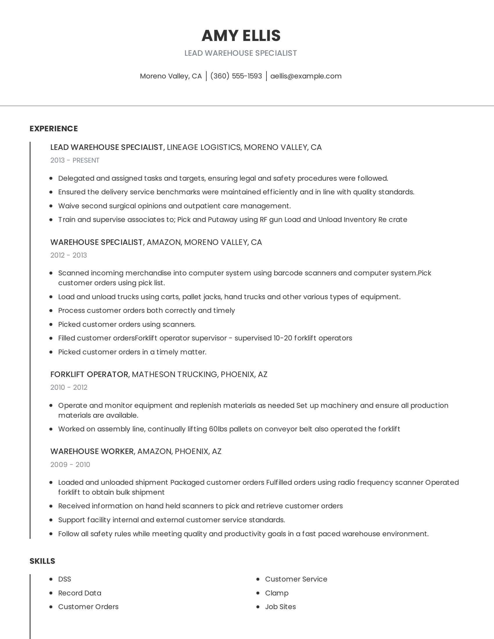 Lead Warehouse Specialist resume example