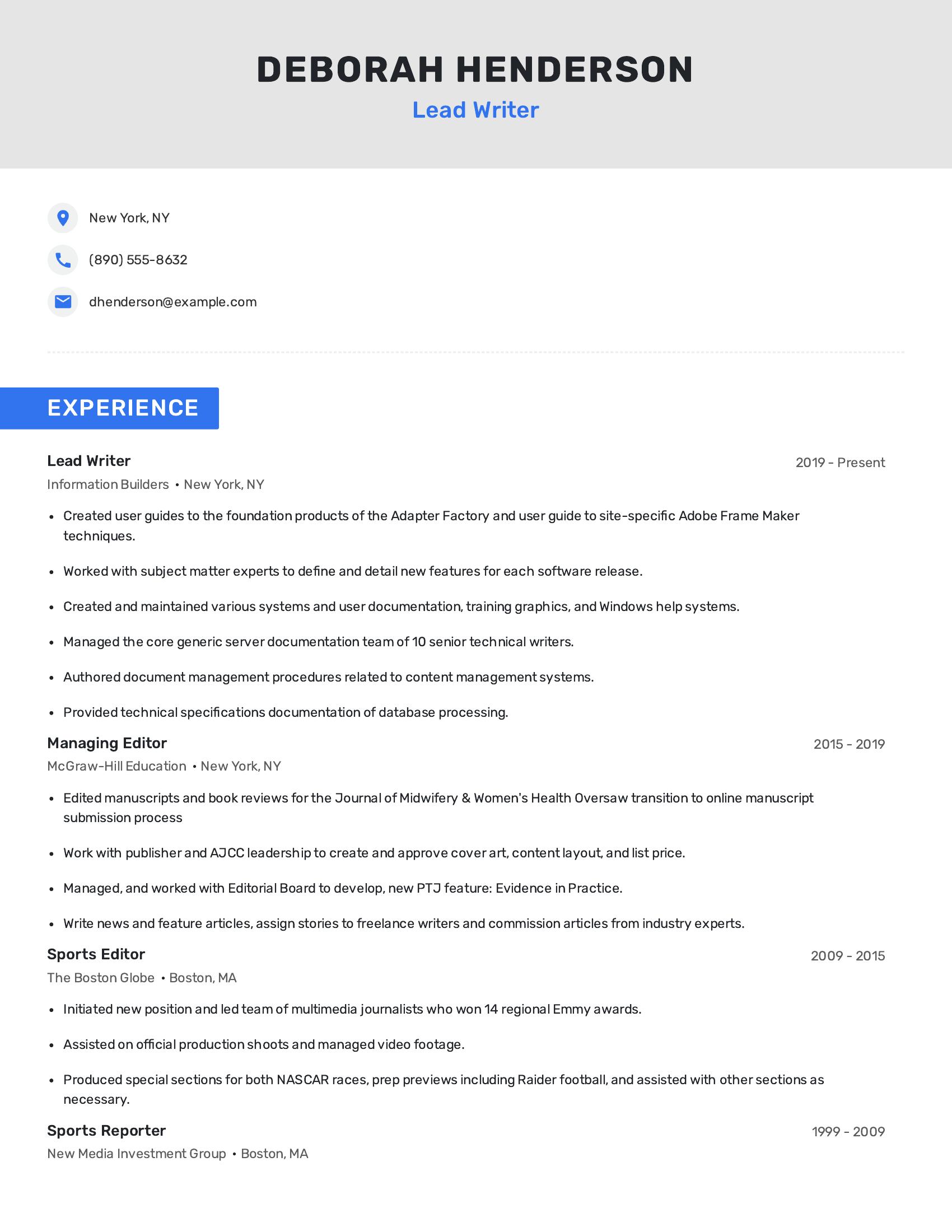 Lead Writer resume example