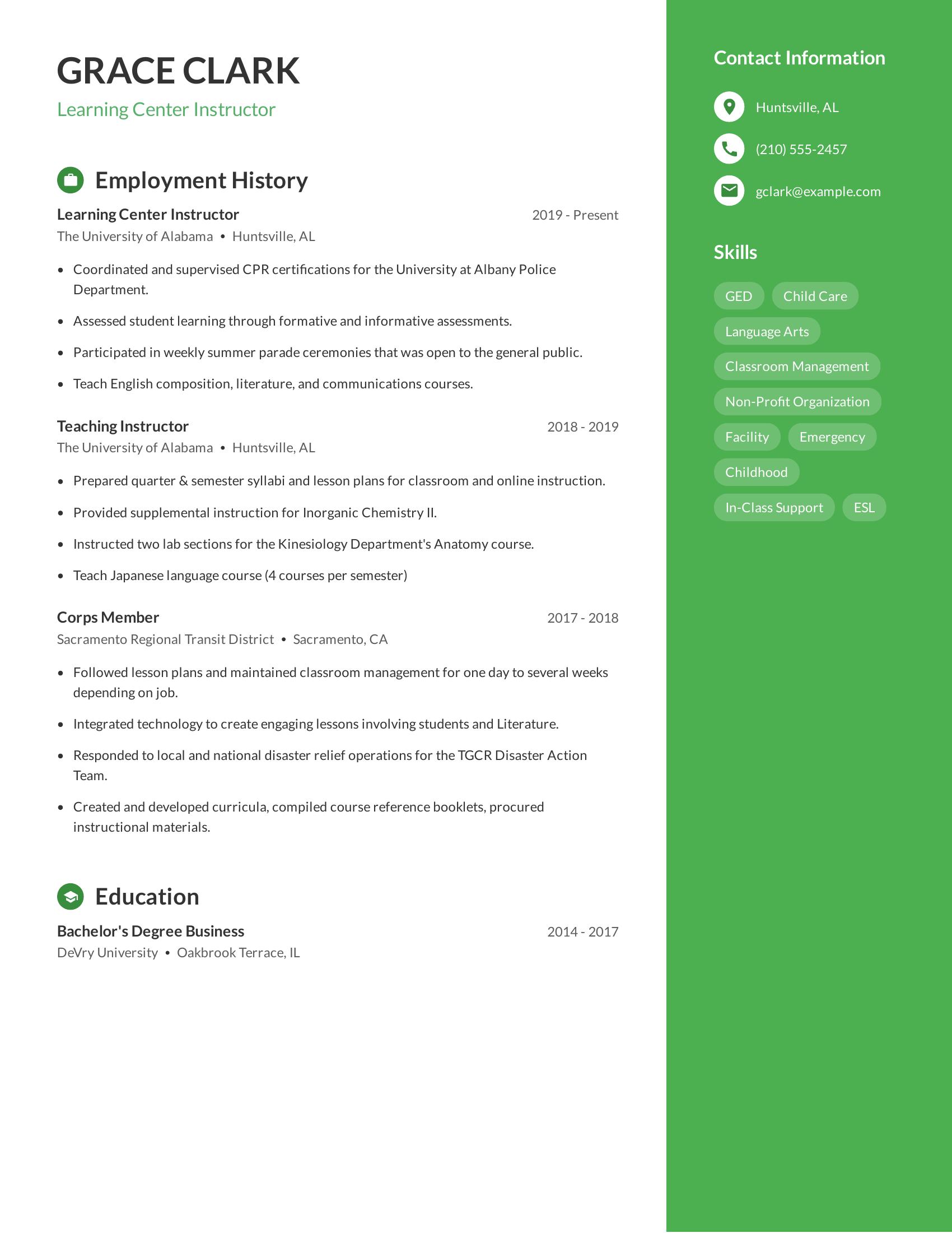 Learning Center Instructor resume example