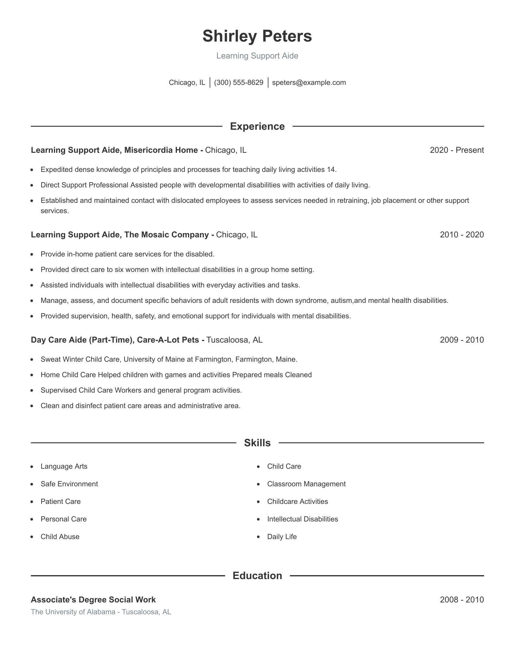 Learning Support Aide resume example