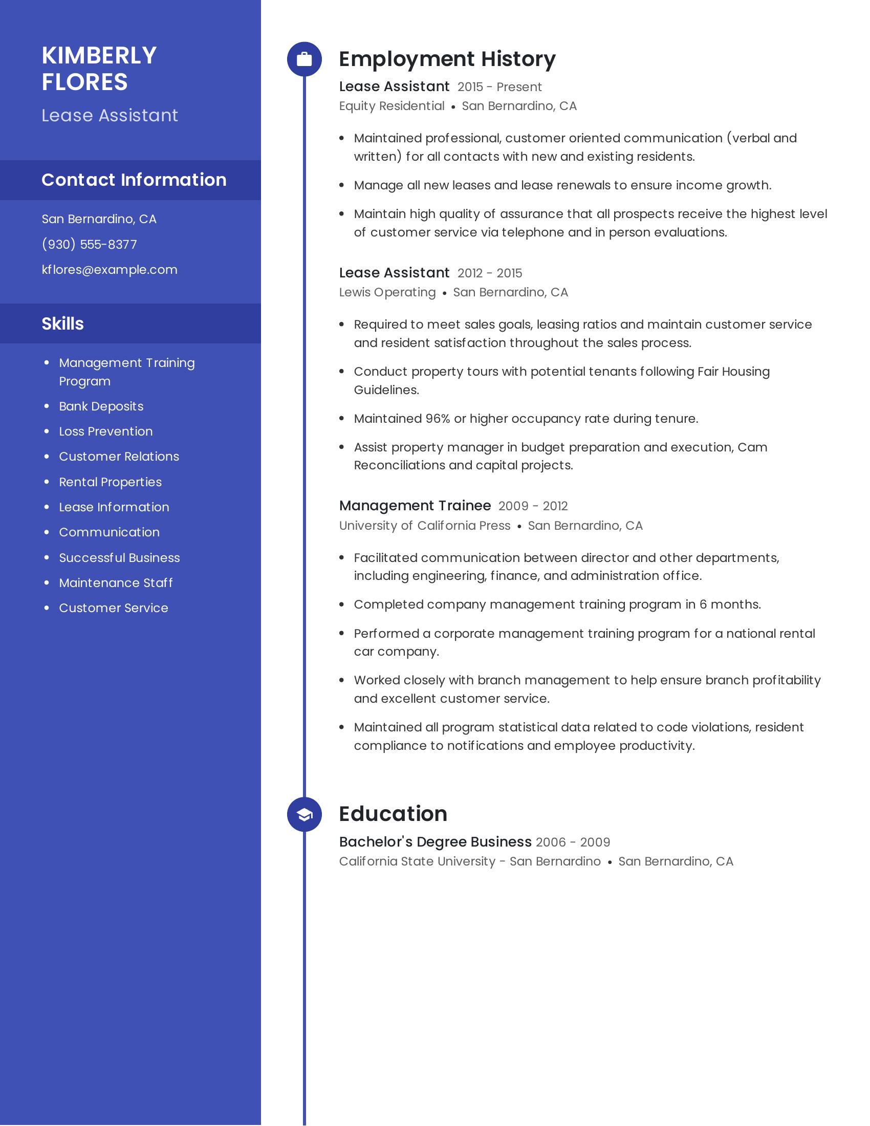 Lease Assistant resume example
