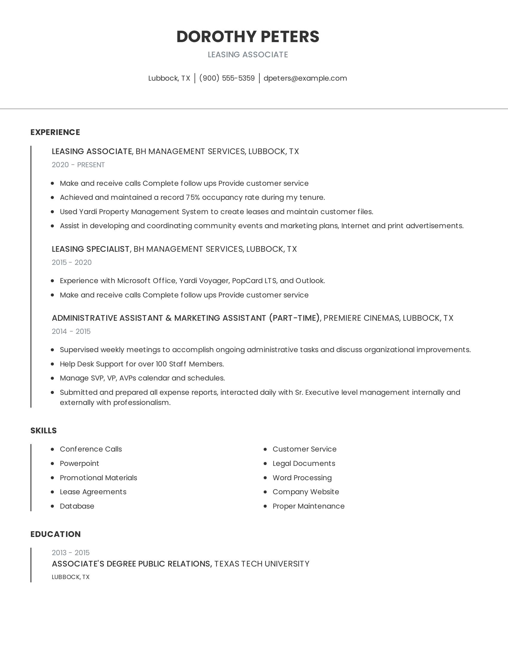 Leasing Associate resume example