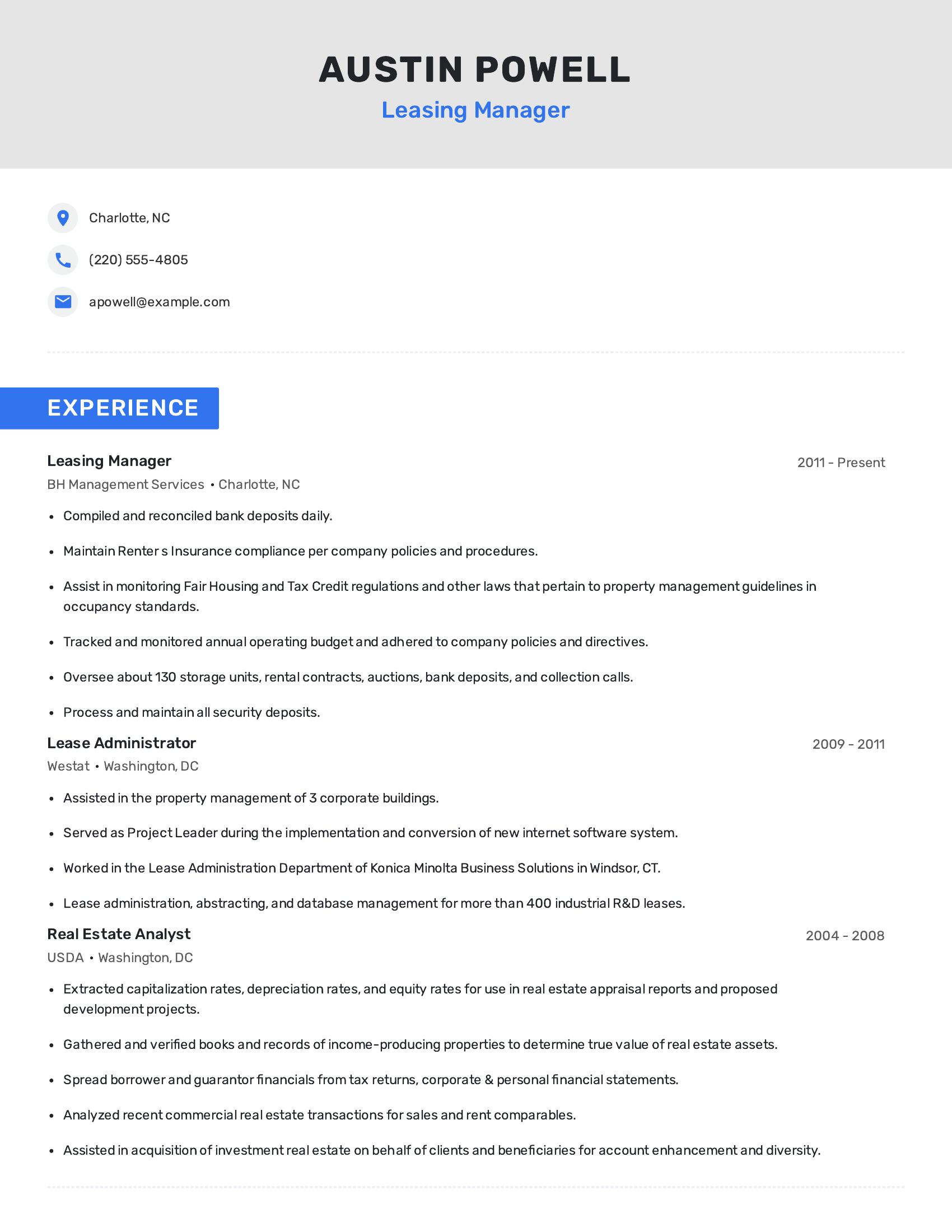 Leasing Manager resume example
