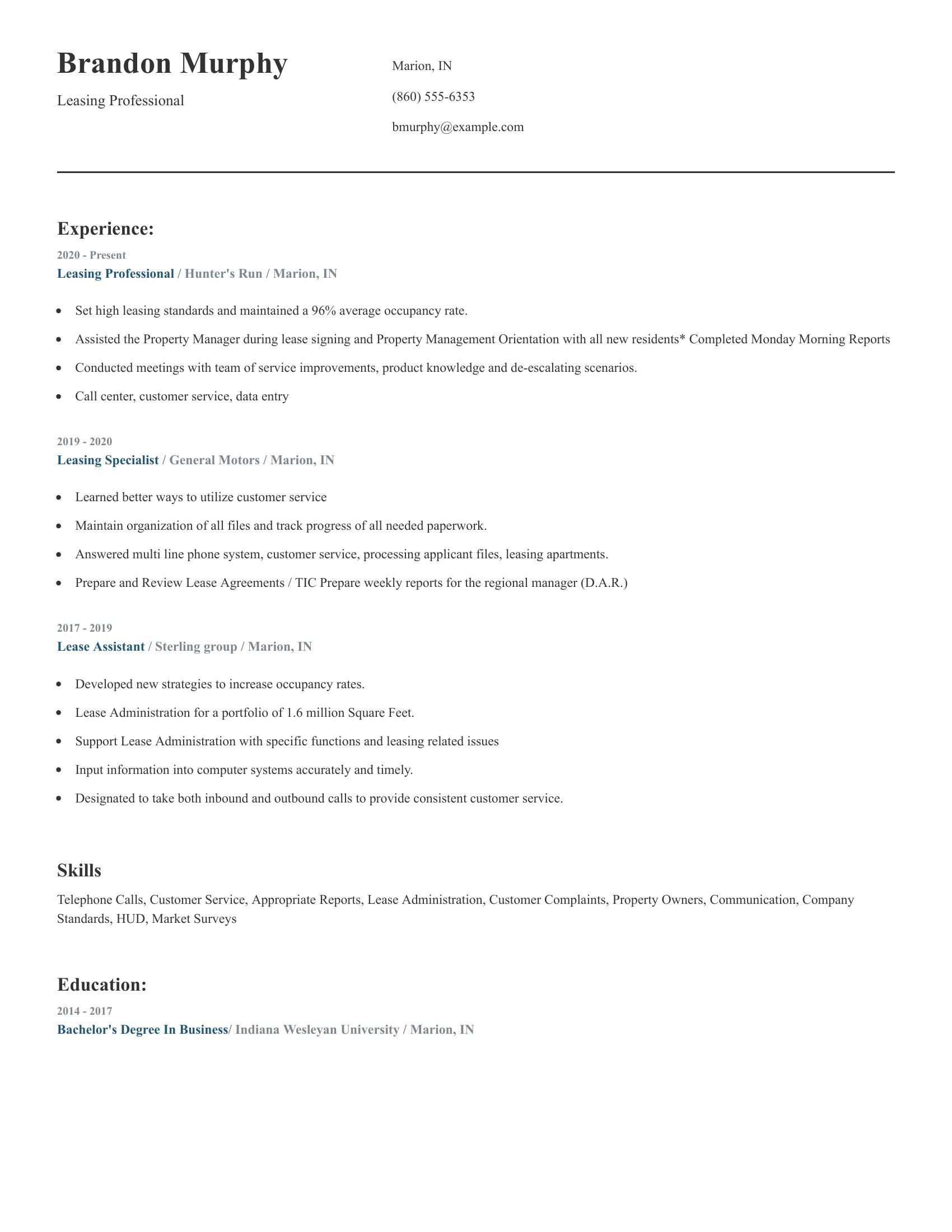 Leasing Professional resume example