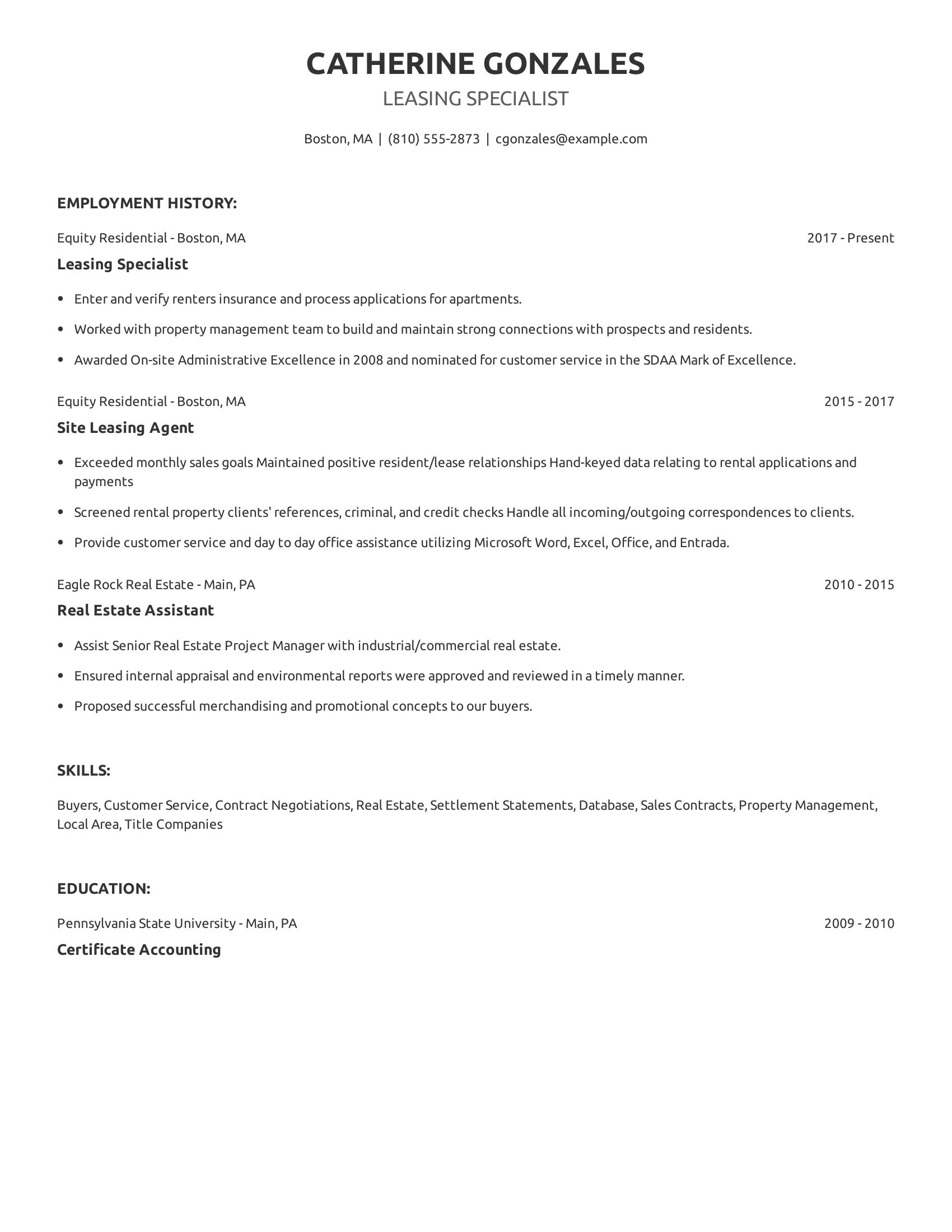 Leasing Specialist resume example