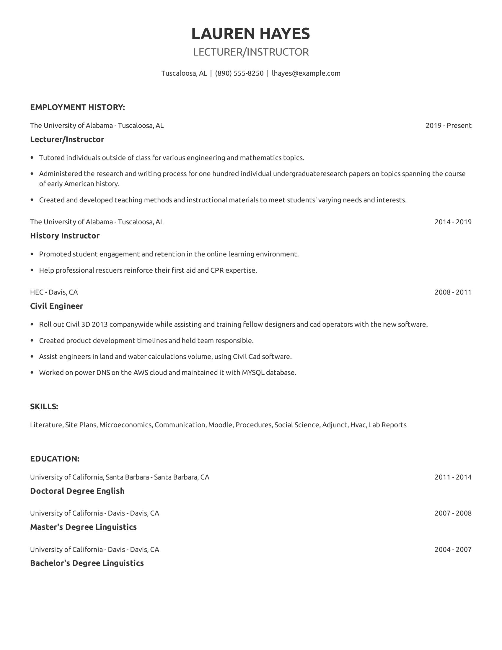 Lecturer/Instructor resume example