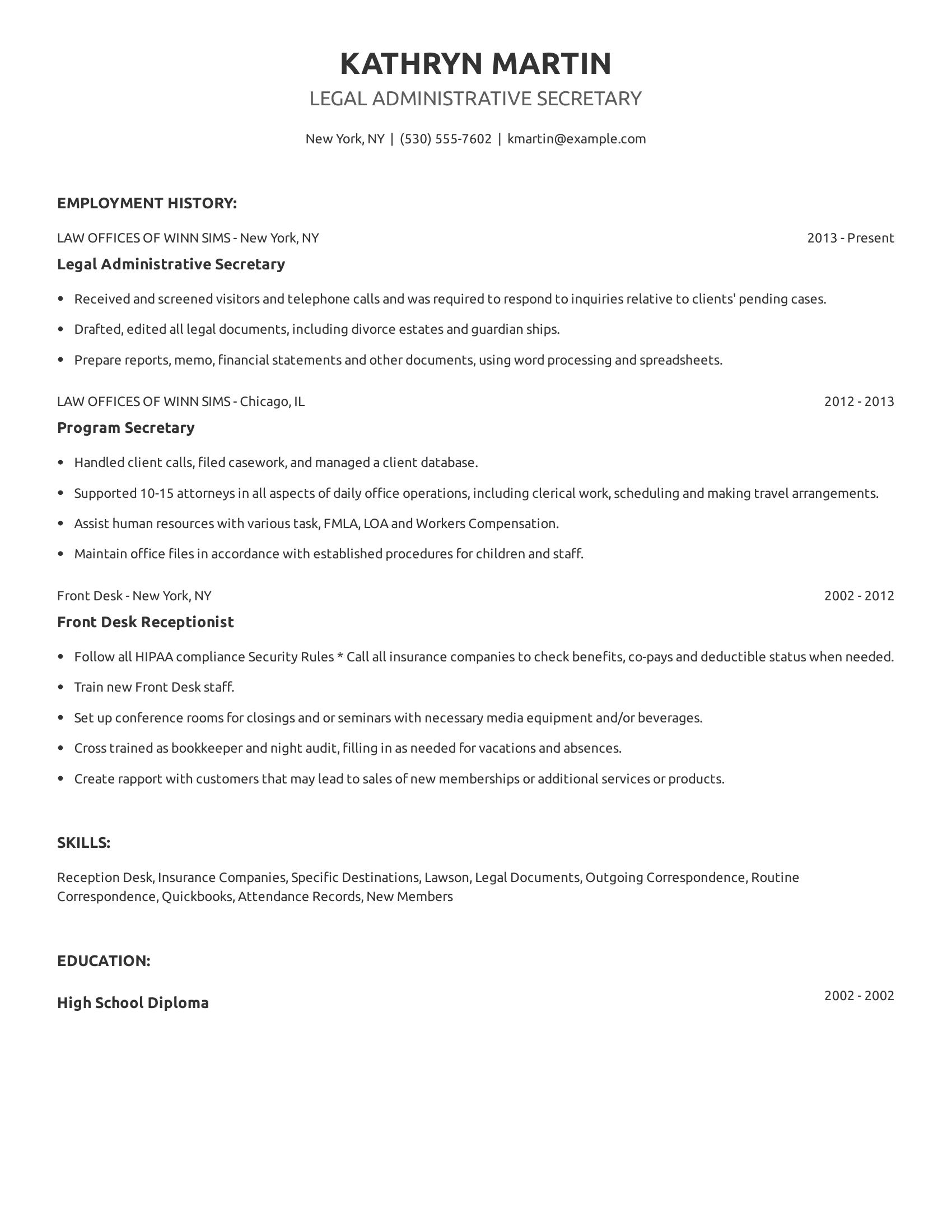 Legal Administrative Secretary resume example