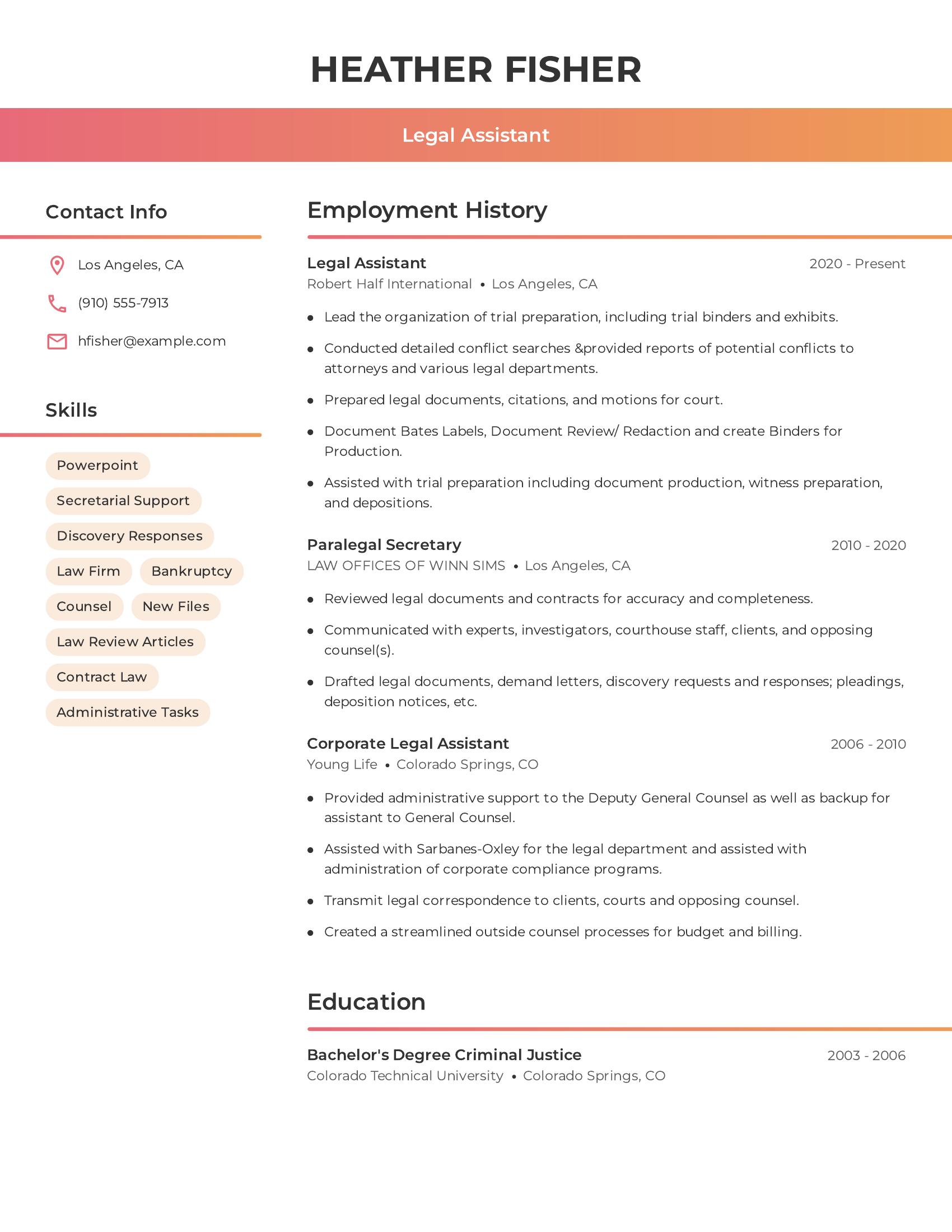 Legal Assistant resume example