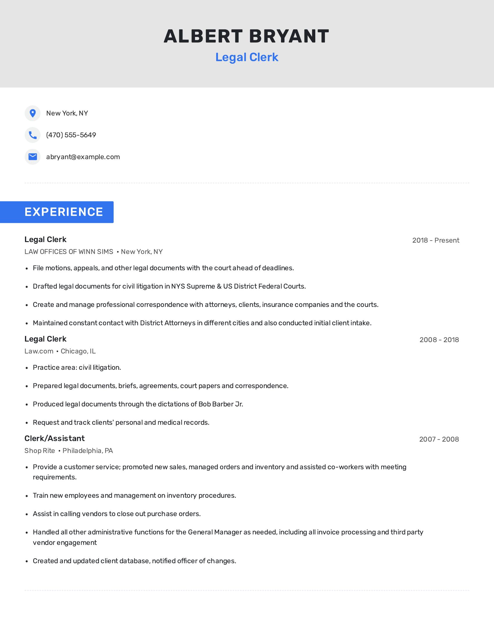 Legal Clerk resume example