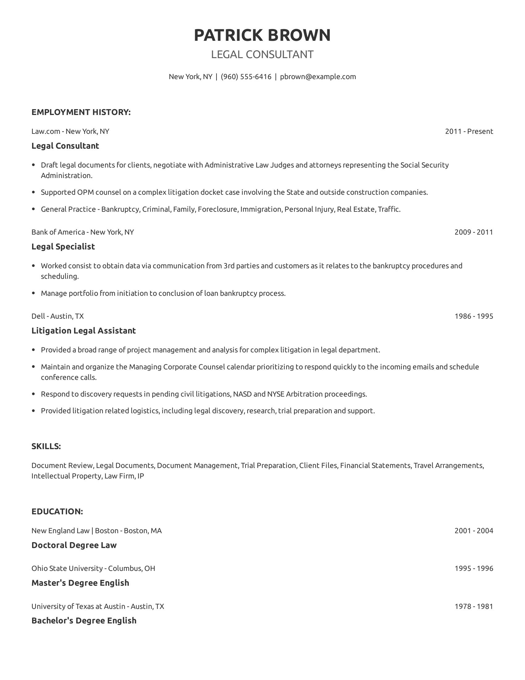 Legal Consultant resume example