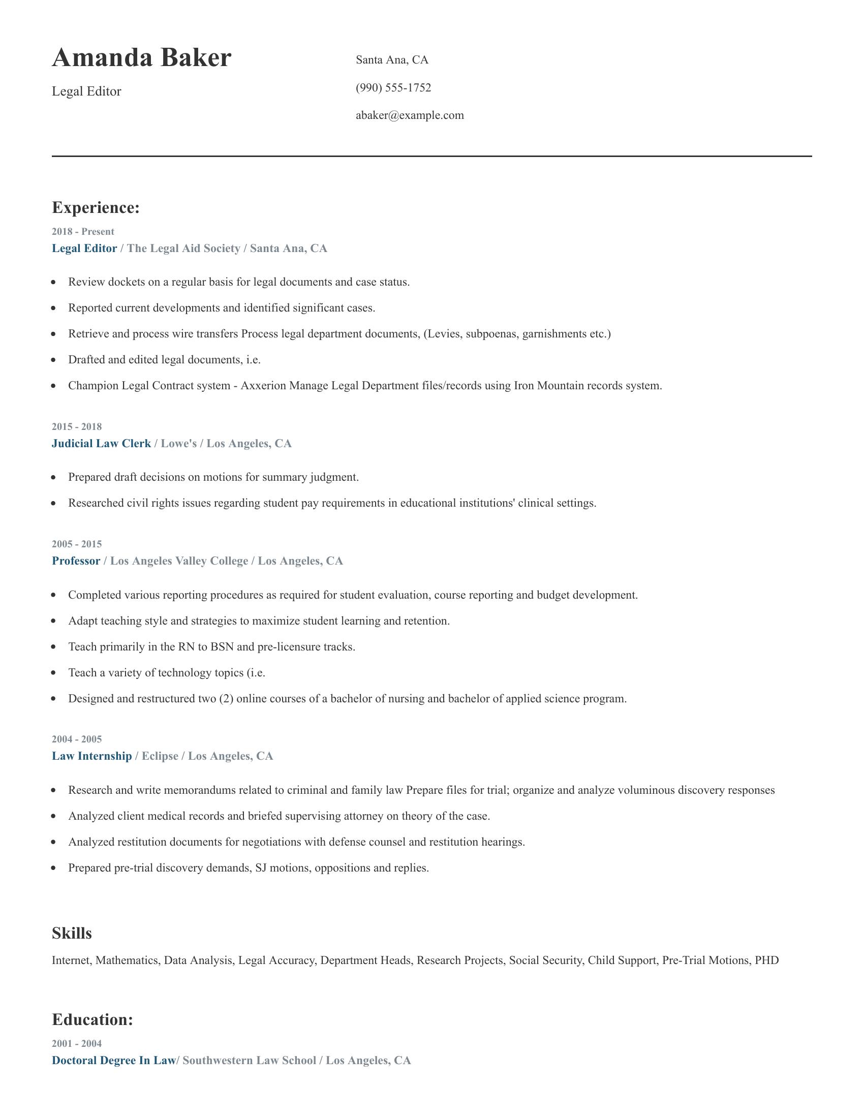 Legal Editor resume example