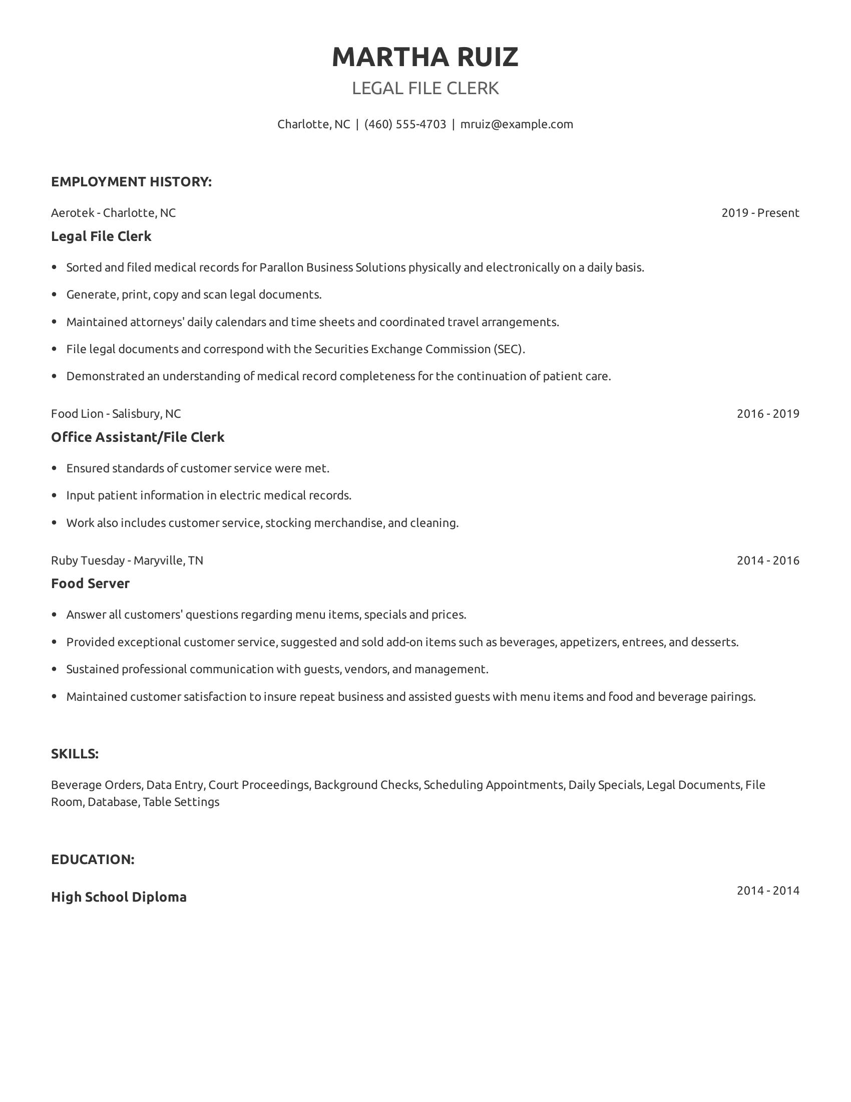 Legal File Clerk resume example