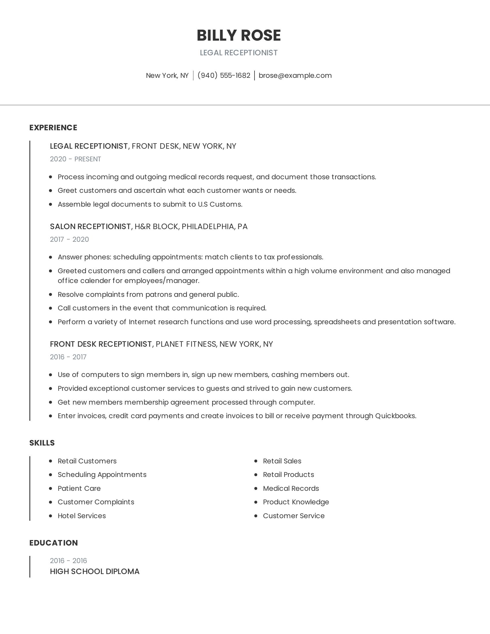 Legal Receptionist resume example