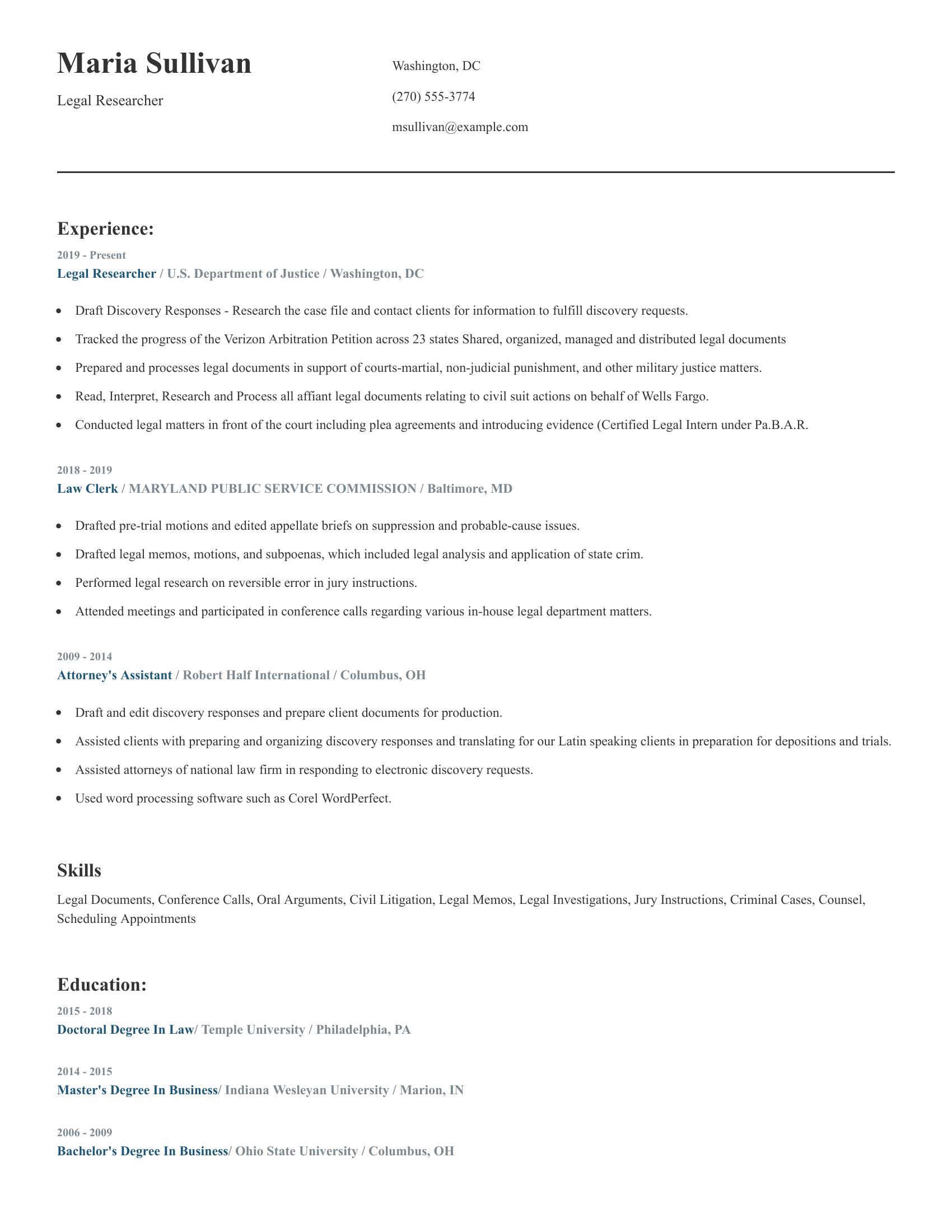 Legal Researcher resume example