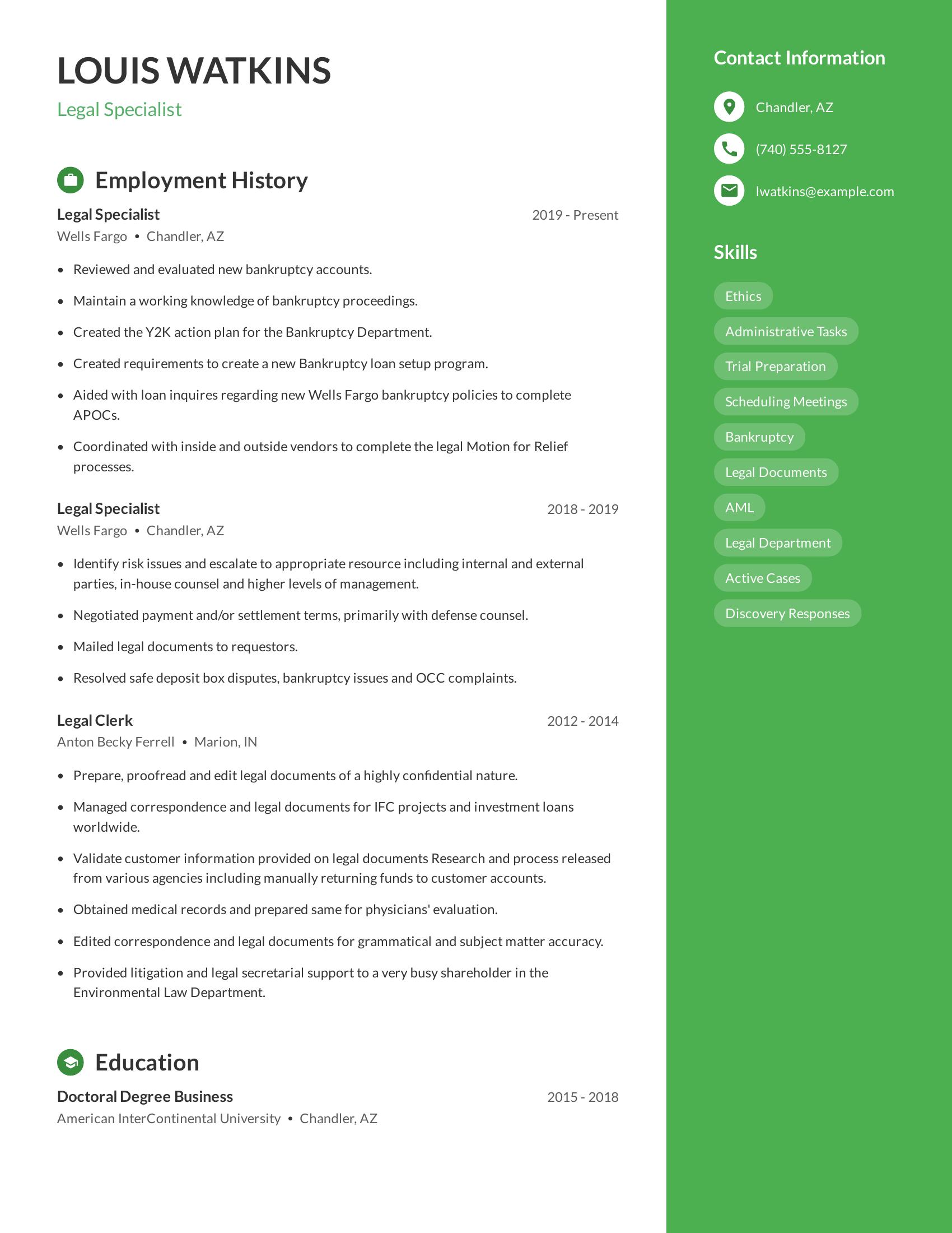 Legal Specialist resume example