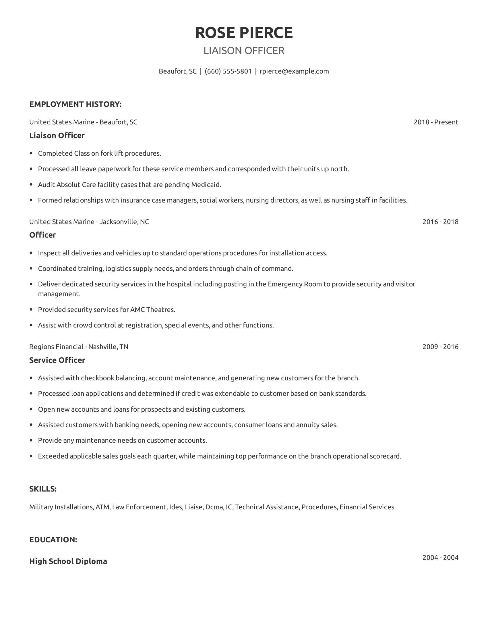 Liaison Officer resume example