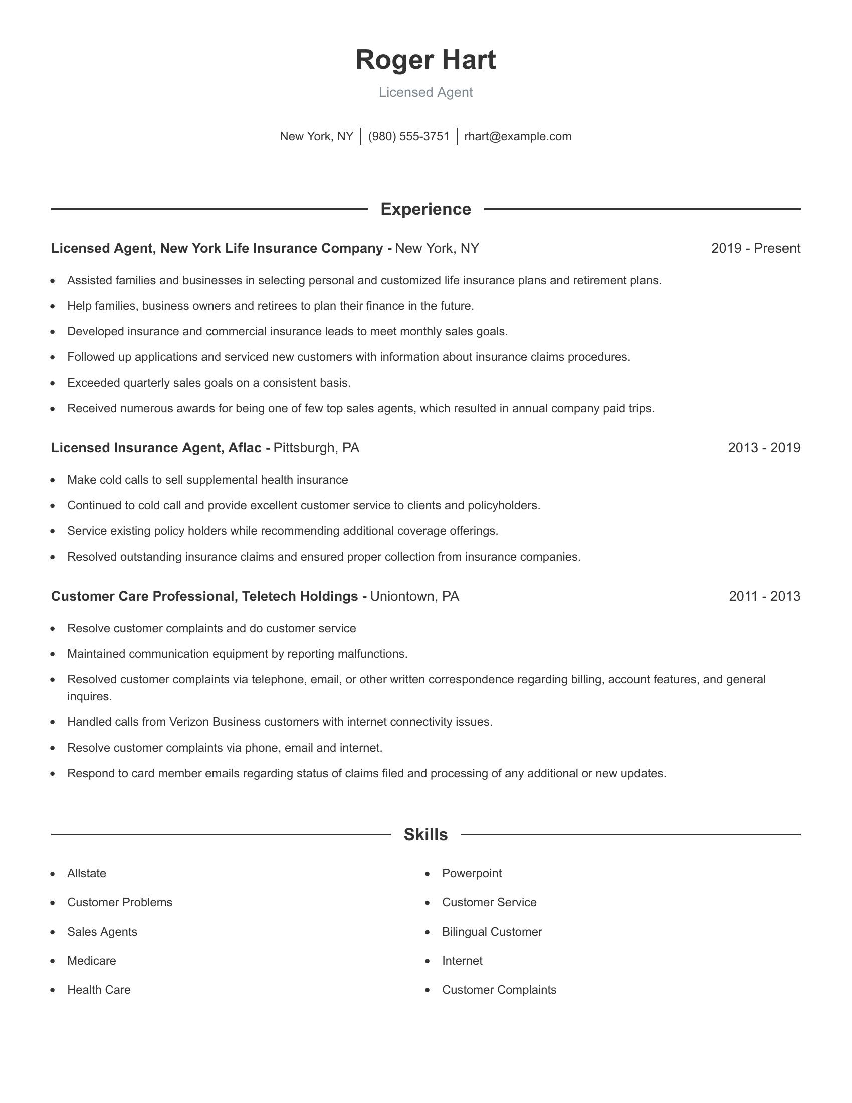 Licensed Agent resume example