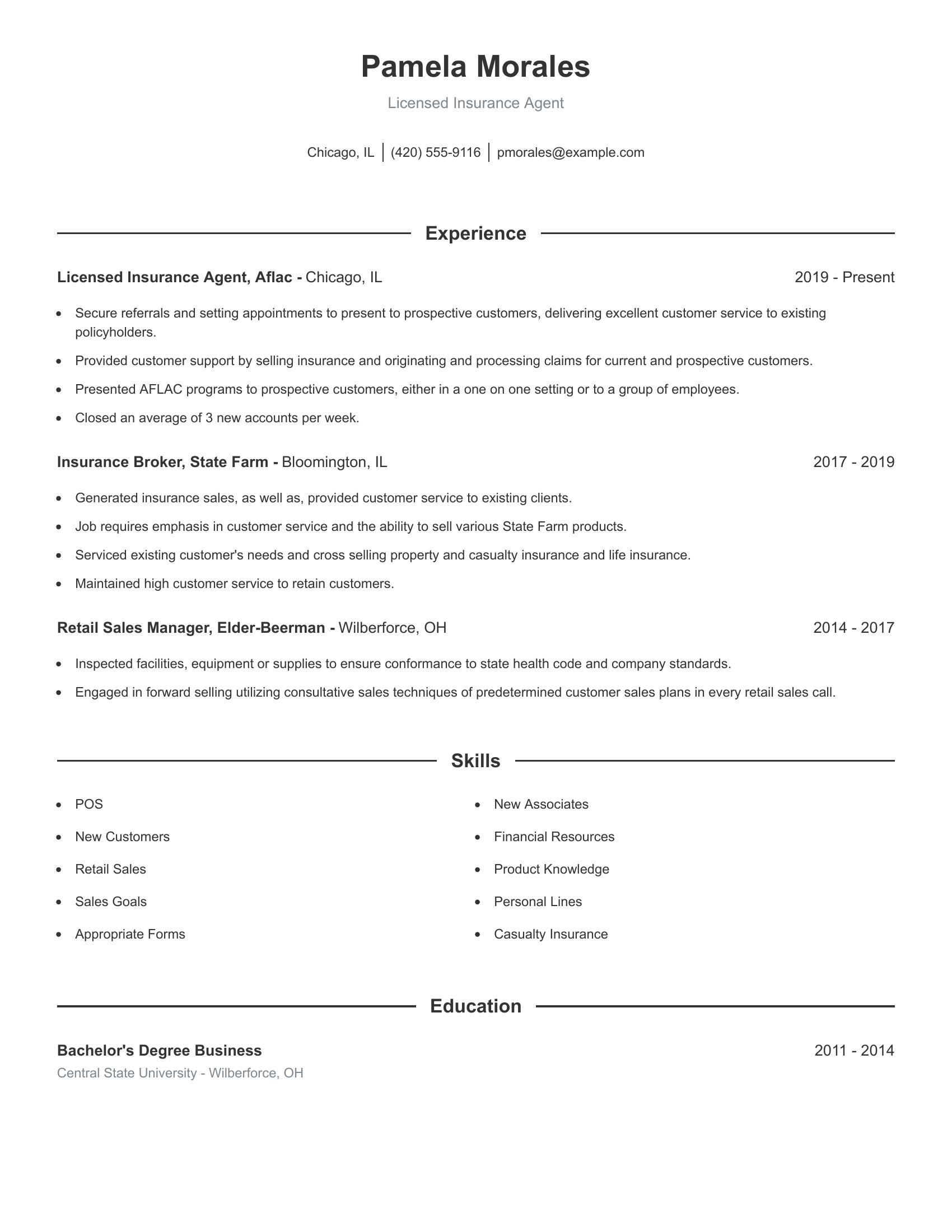 Licensed Insurance Agent resume example