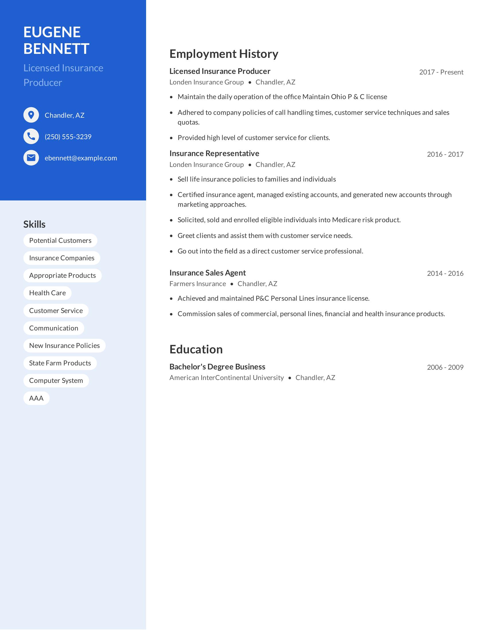 Licensed Insurance Producer resume example