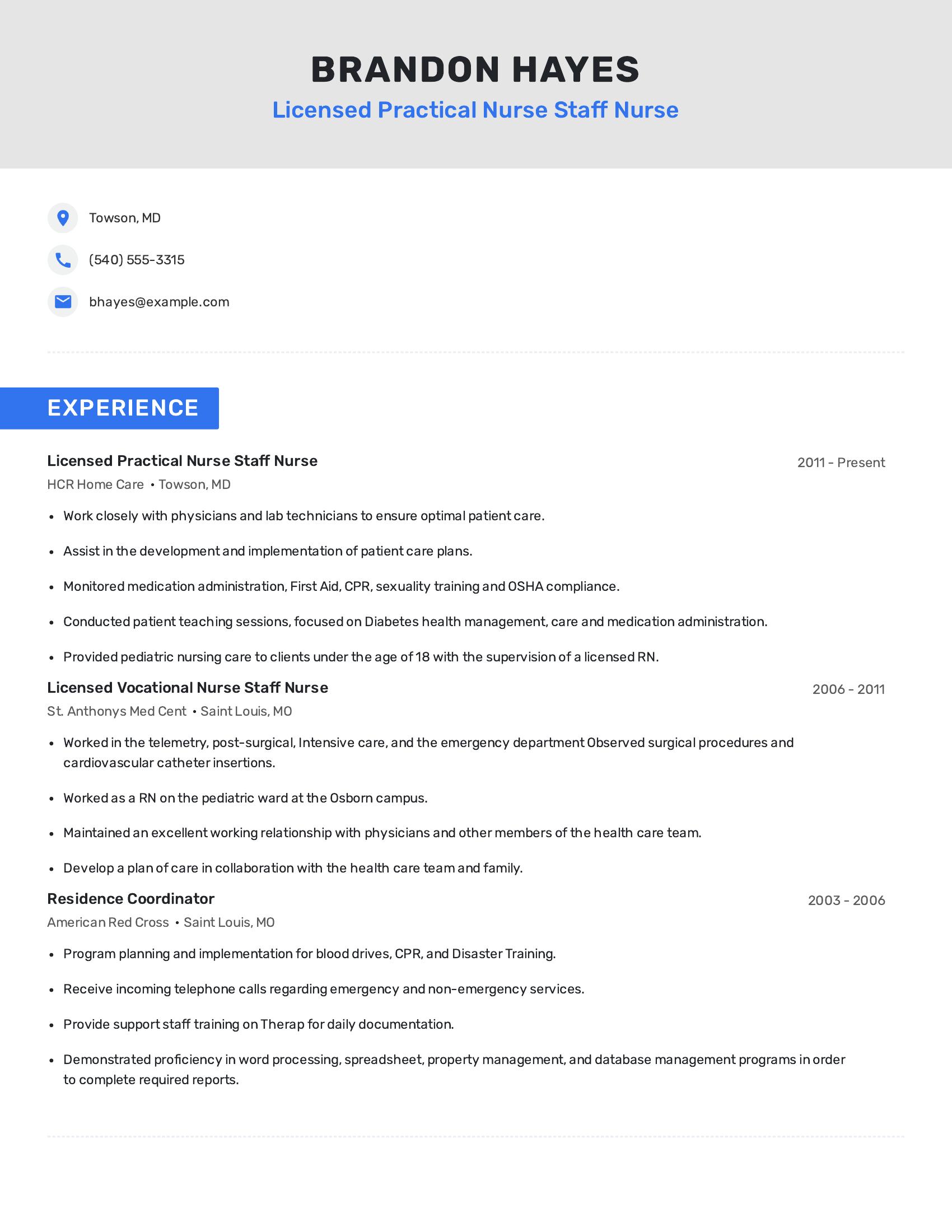 Licensed Practical Nurse Staff Nurse resume example