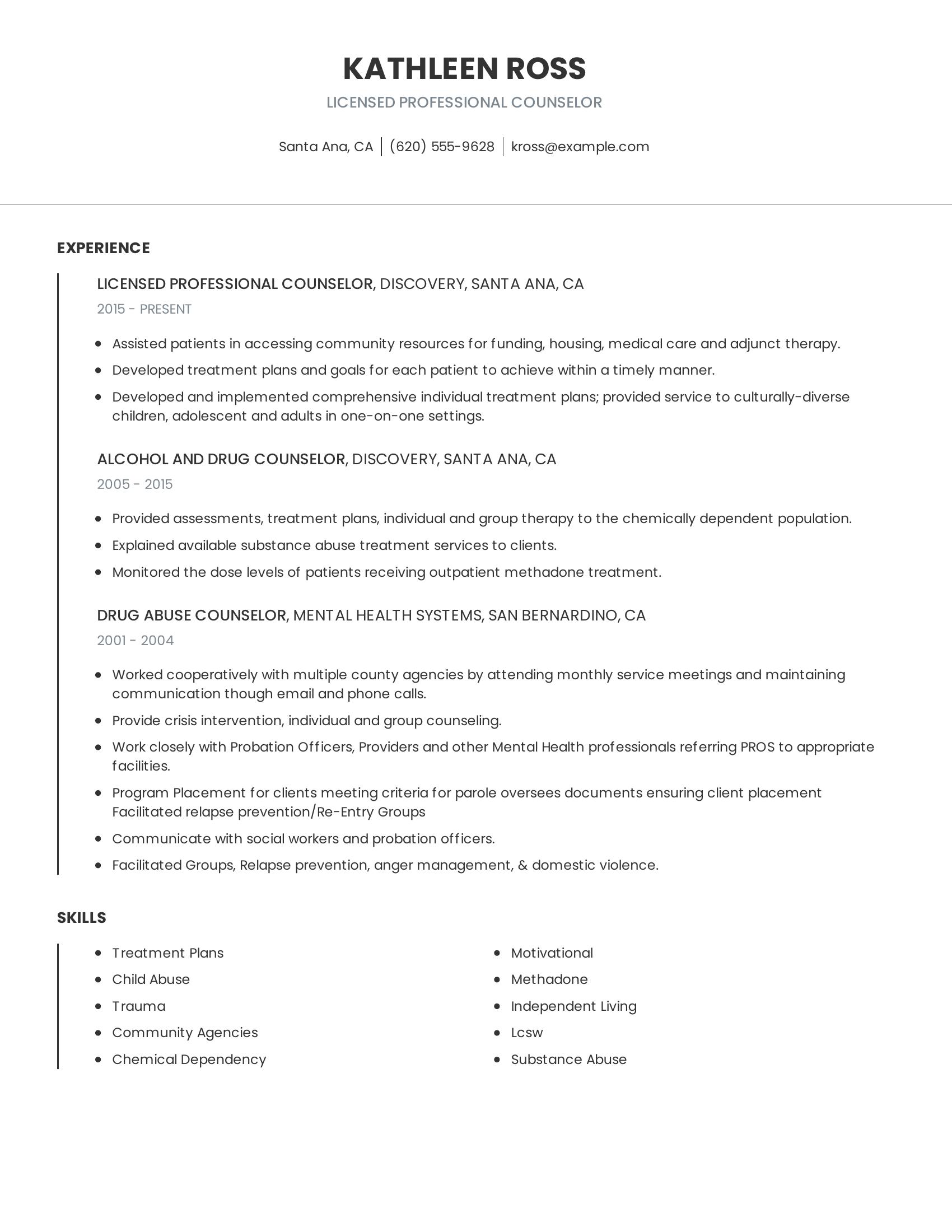 Licensed Professional Counselor resume example