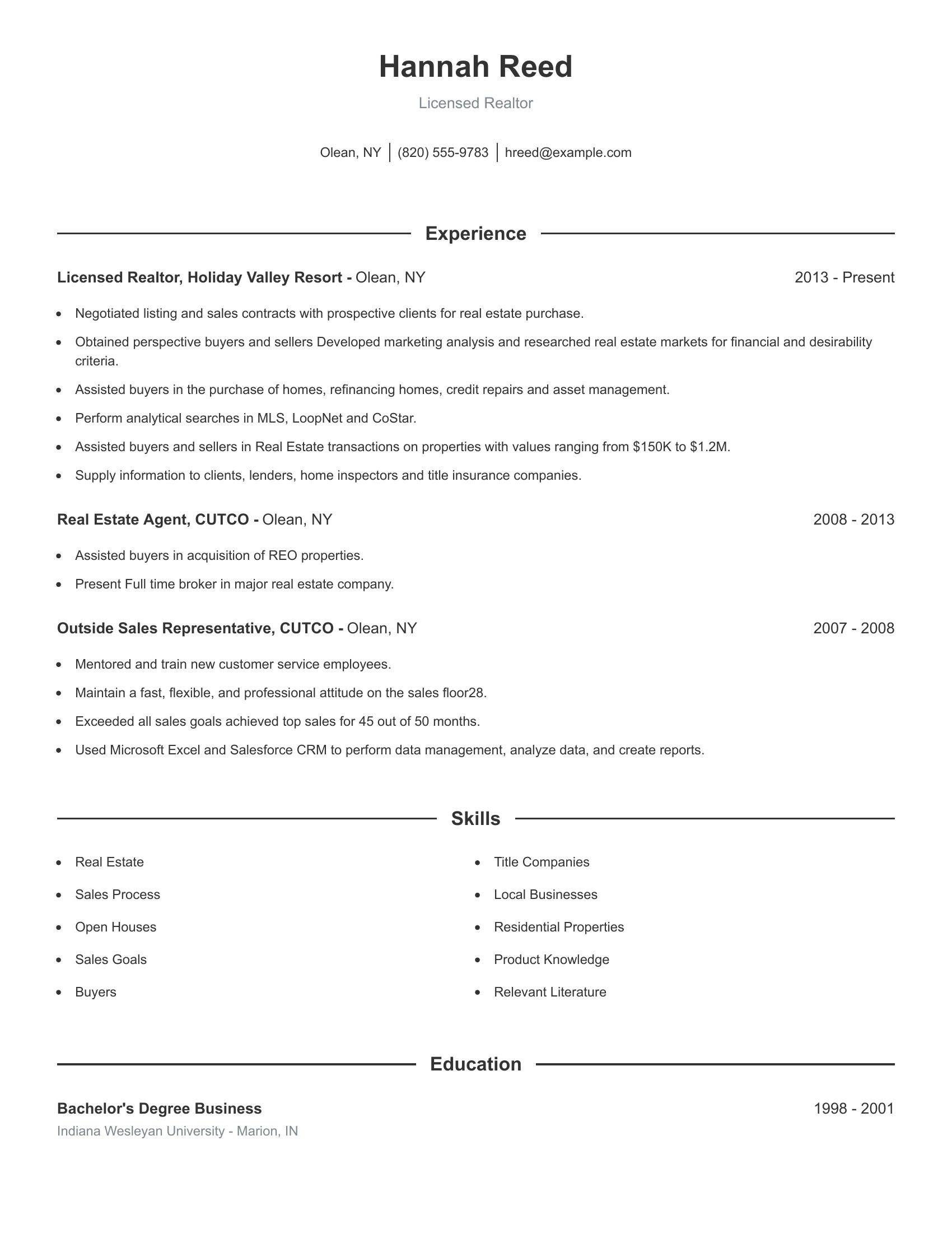 Licensed Realtor resume example