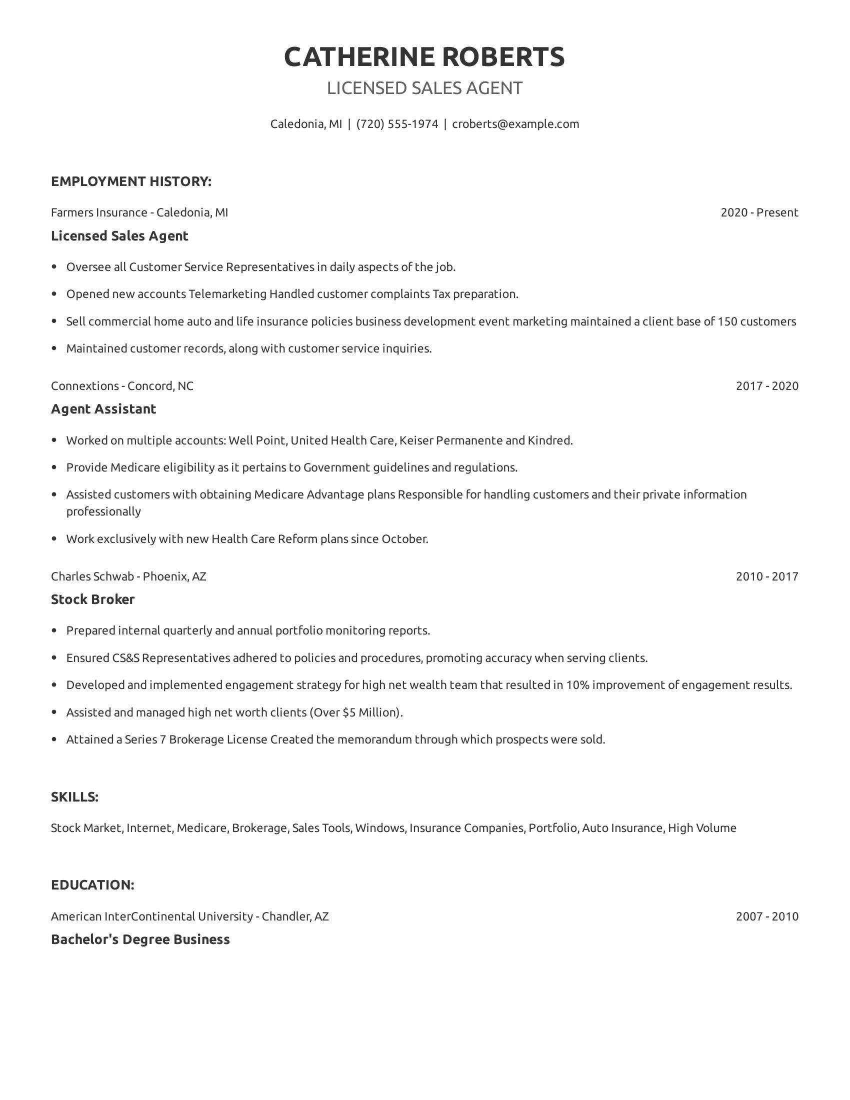 Licensed Sales Agent resume example