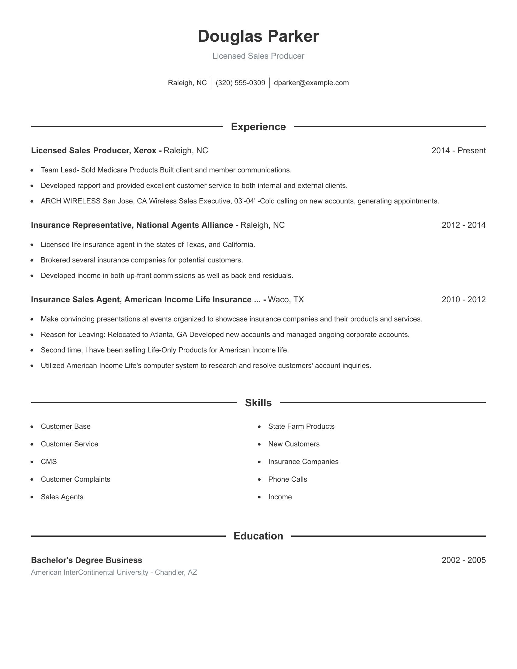 Licensed Sales Producer resume example