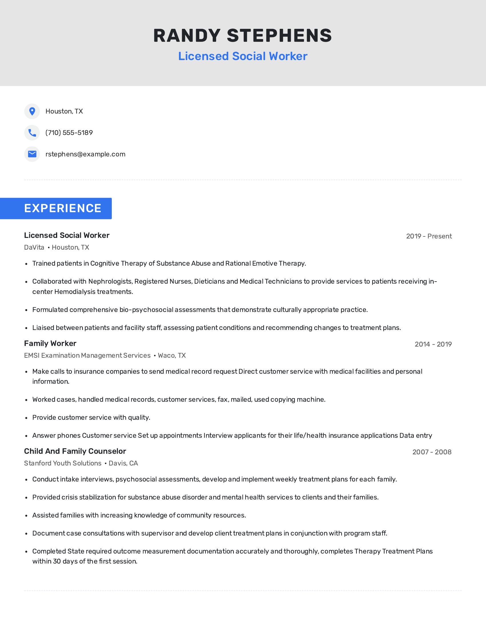 Licensed Social Worker resume example