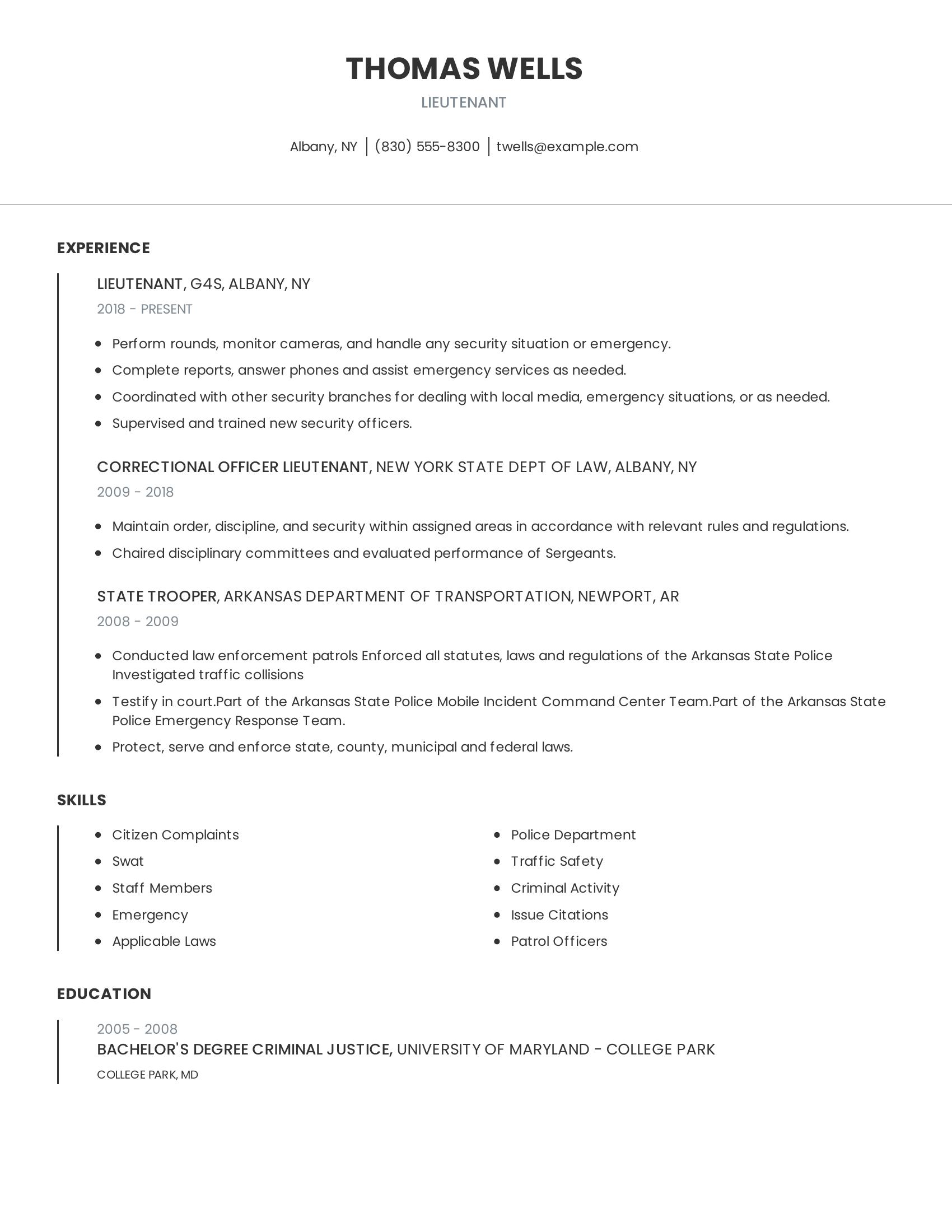 Lieutenant resume example