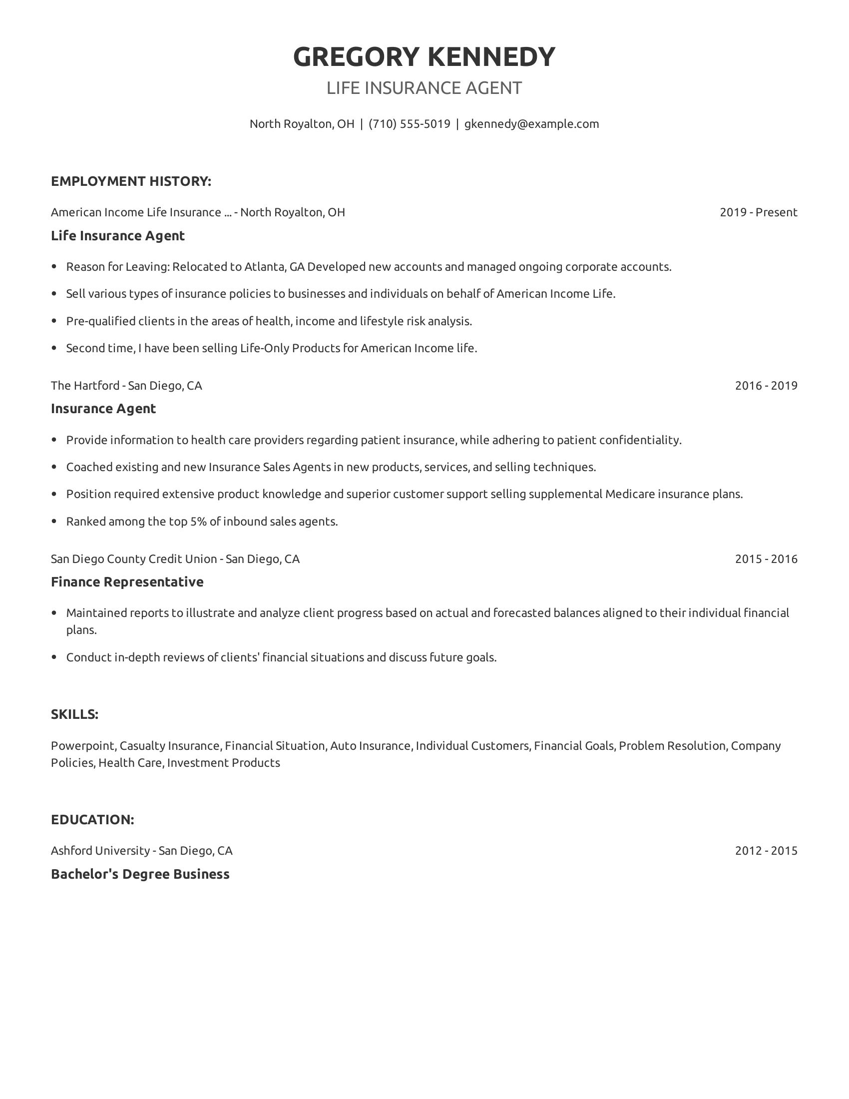 Life Insurance Agent resume example