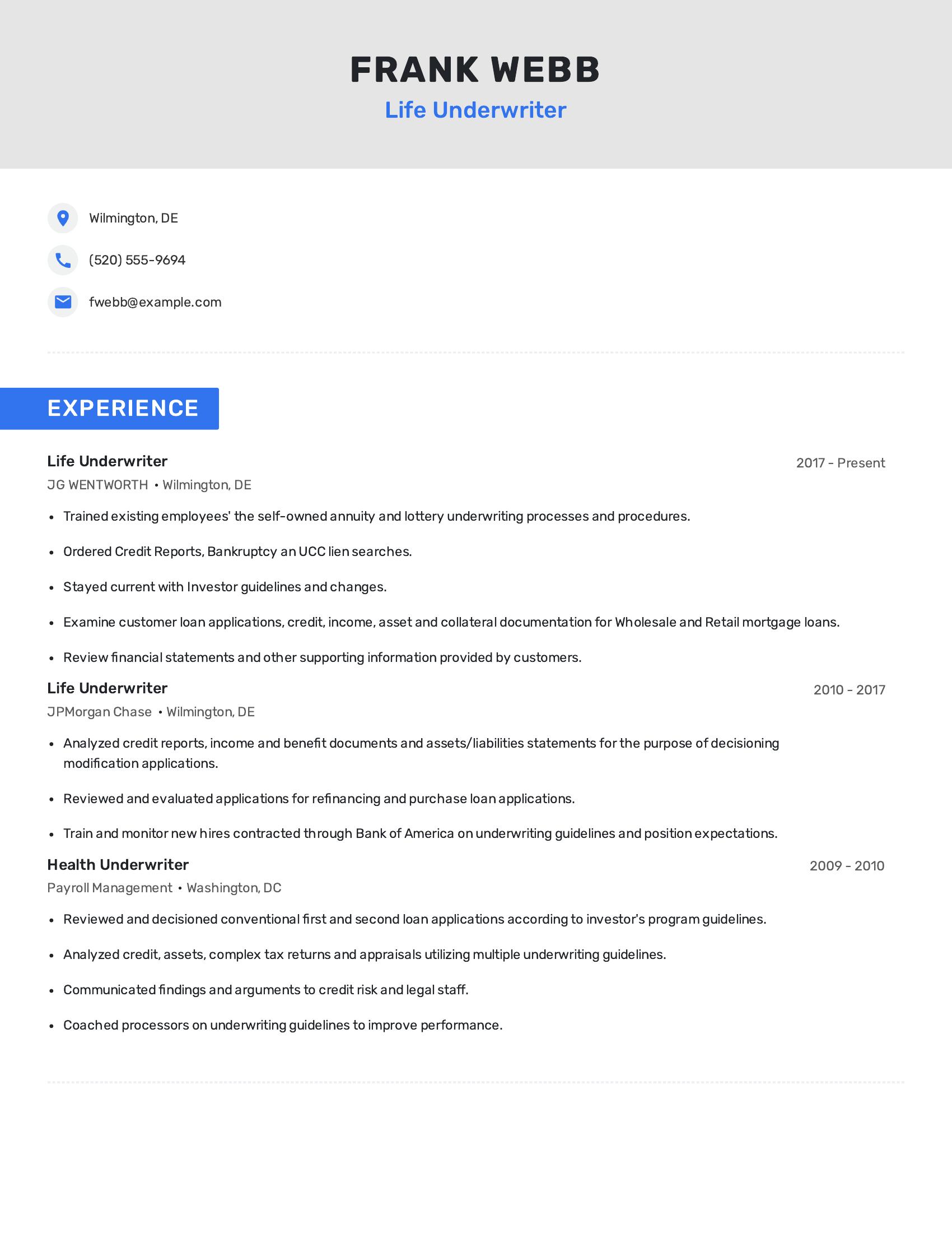 Life Underwriter resume example