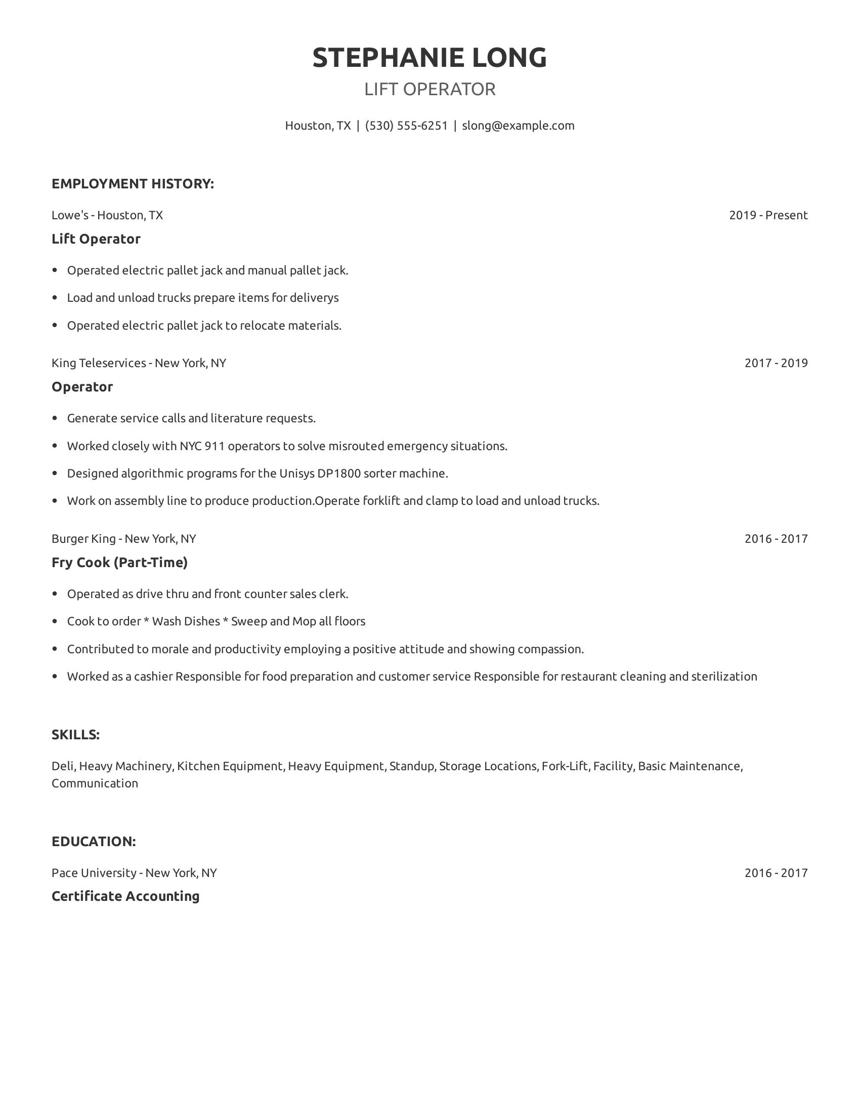 Lift Operator resume example