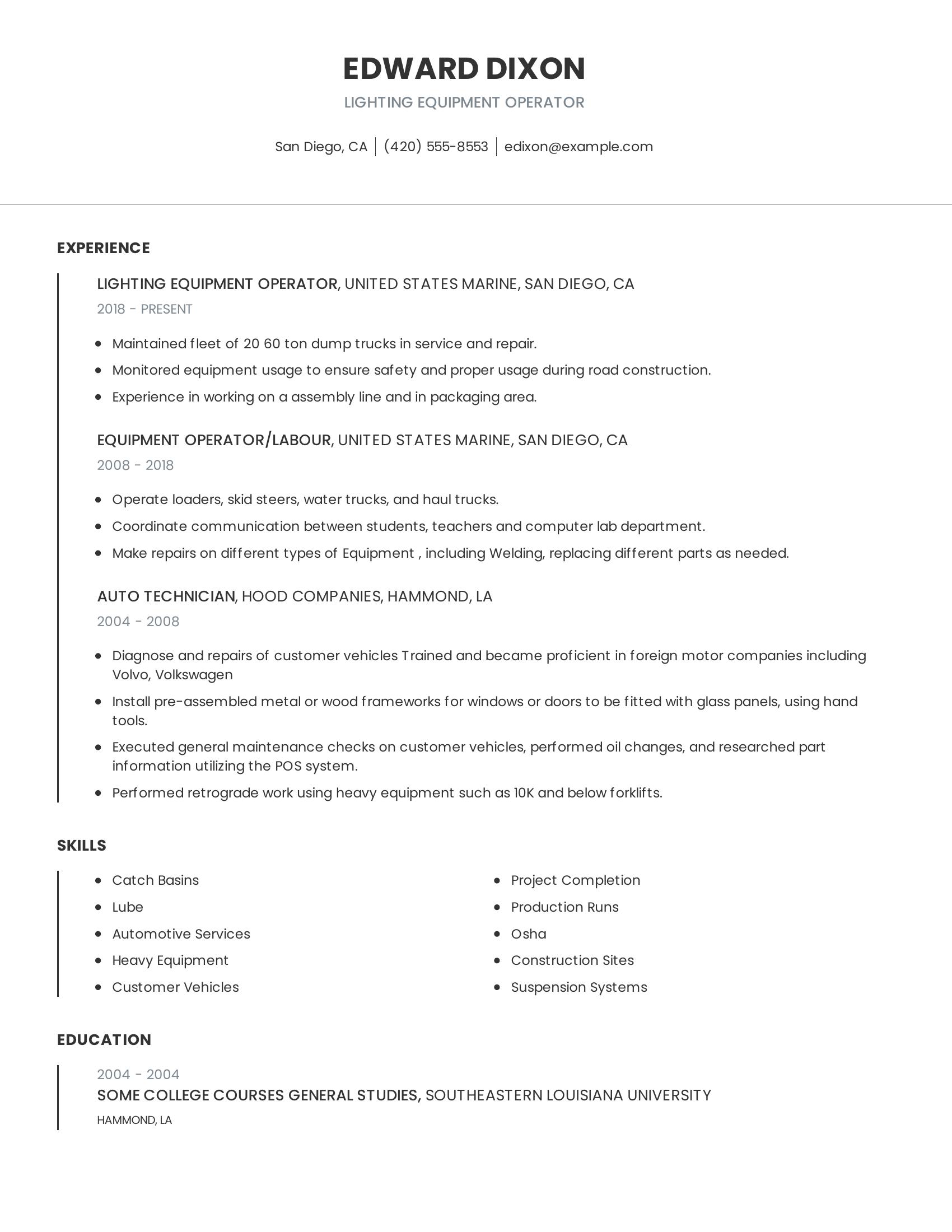 Lighting Equipment Operator resume example