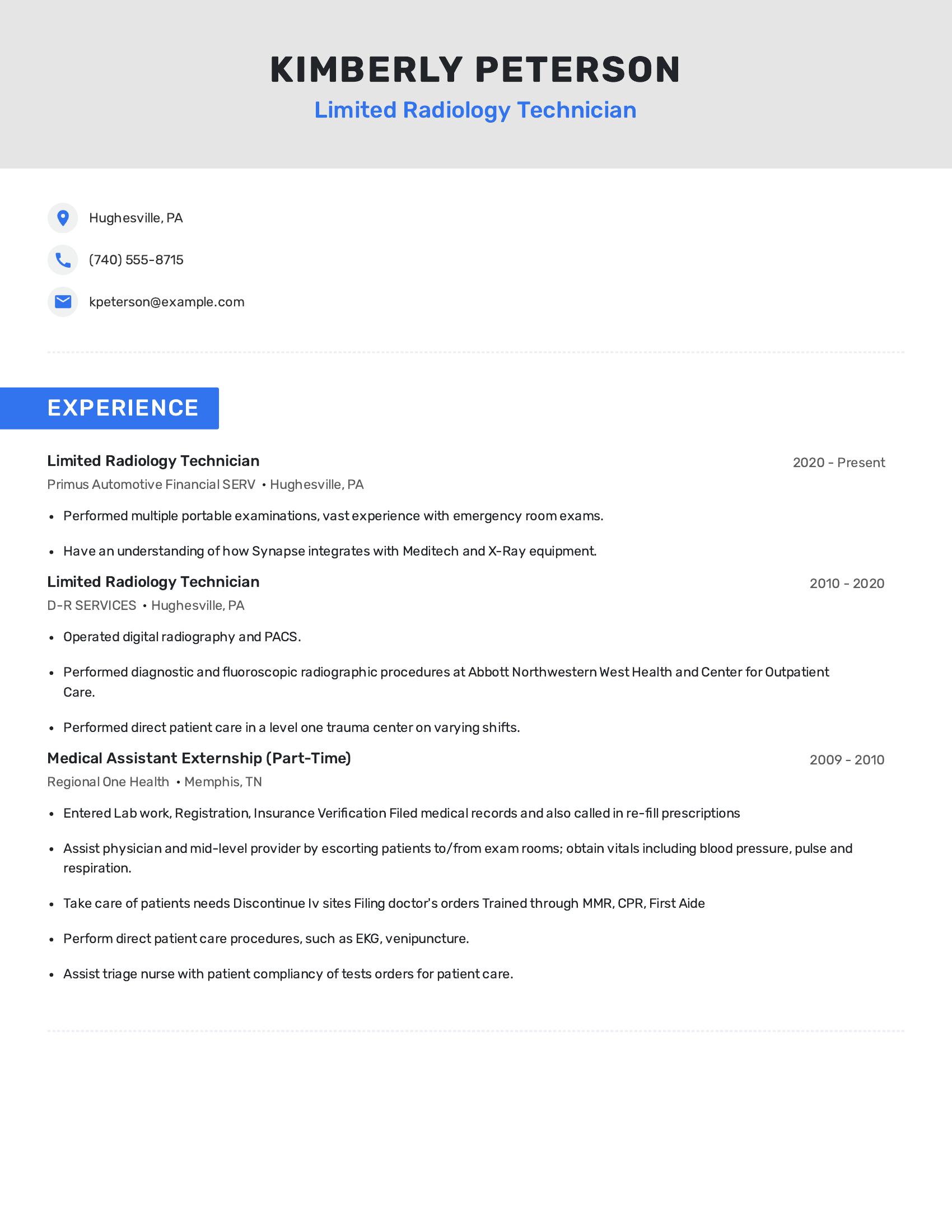 Limited Radiology Technician resume example
