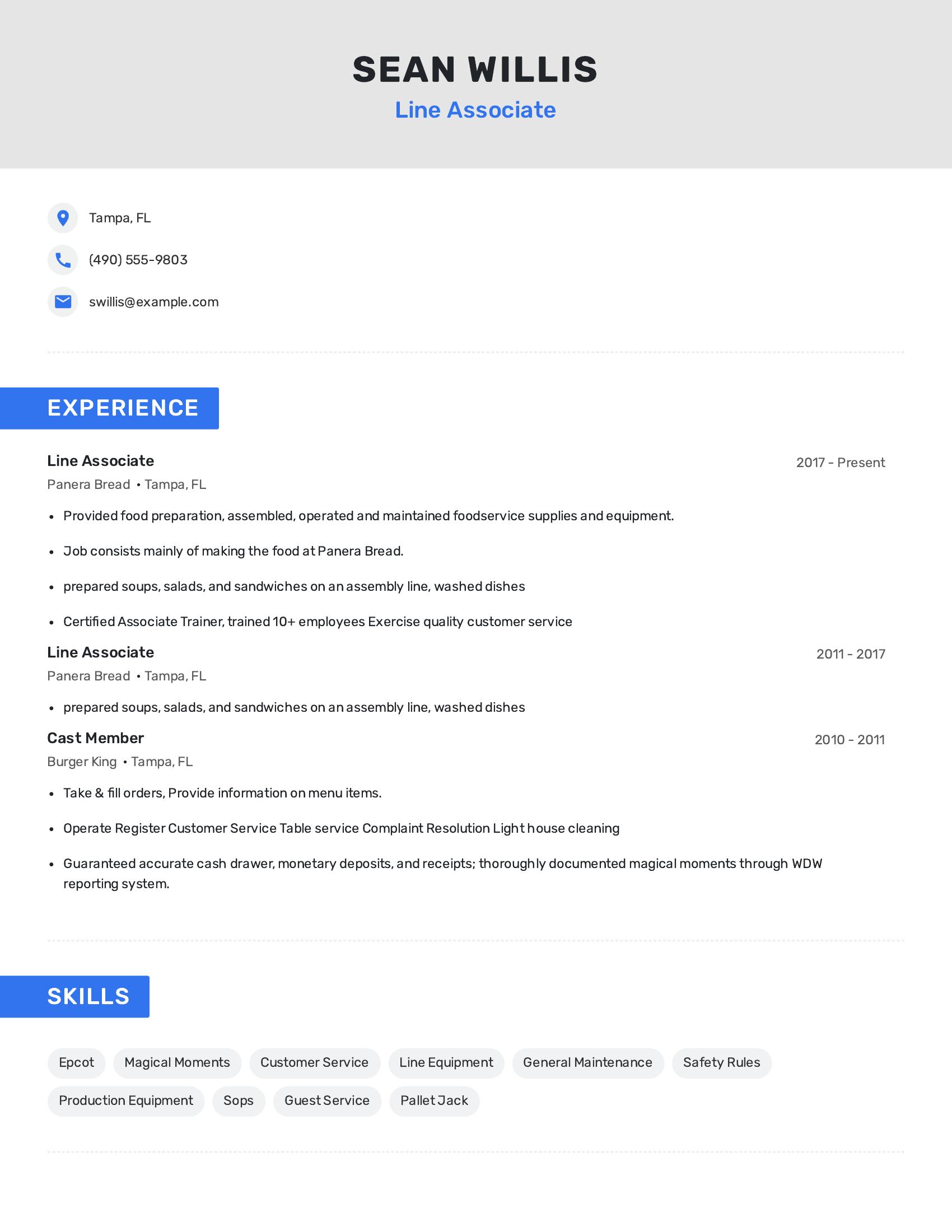 Line Associate resume example