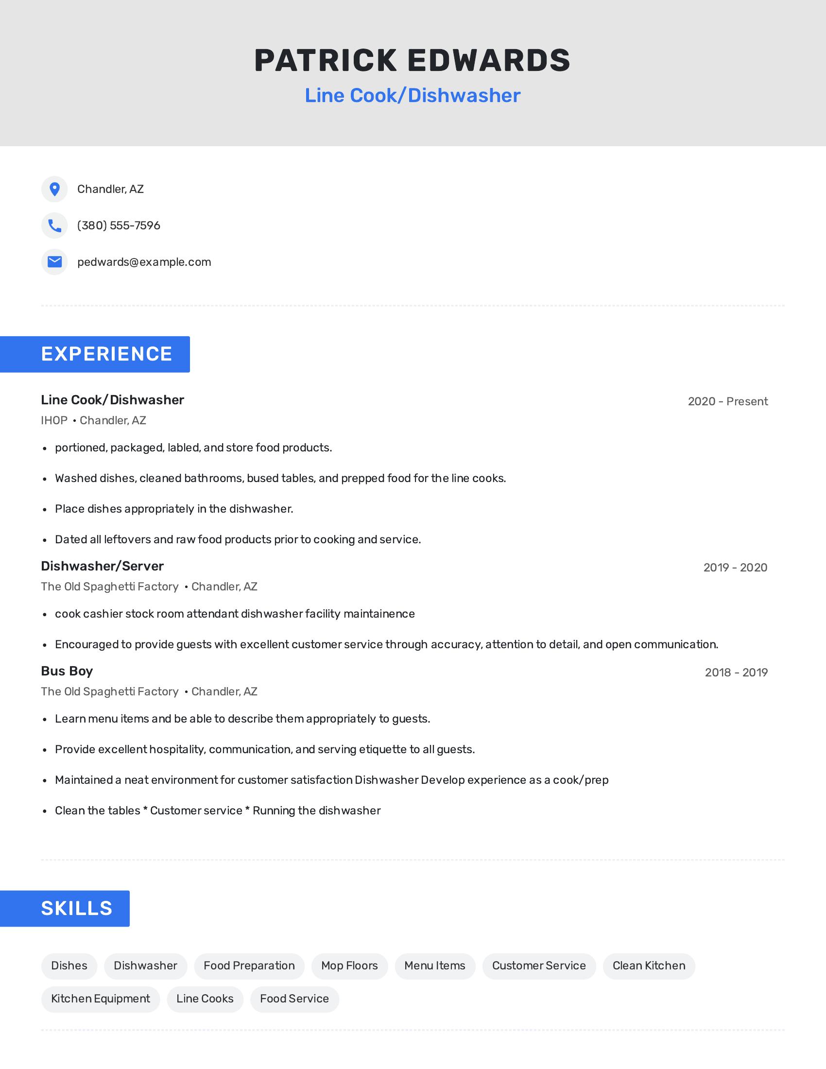 Line Cook/Dishwasher resume example