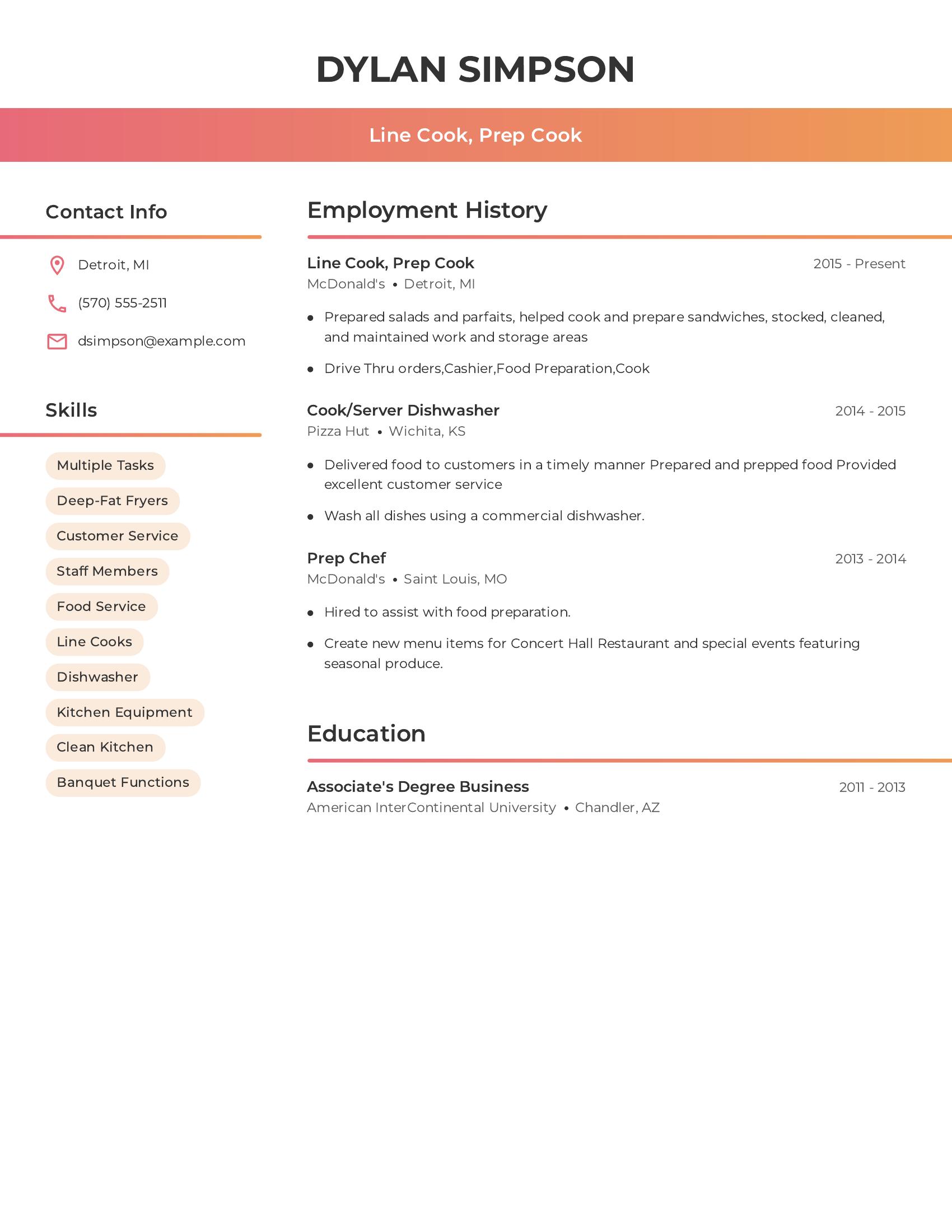 Line Cook, Prep Cook resume example