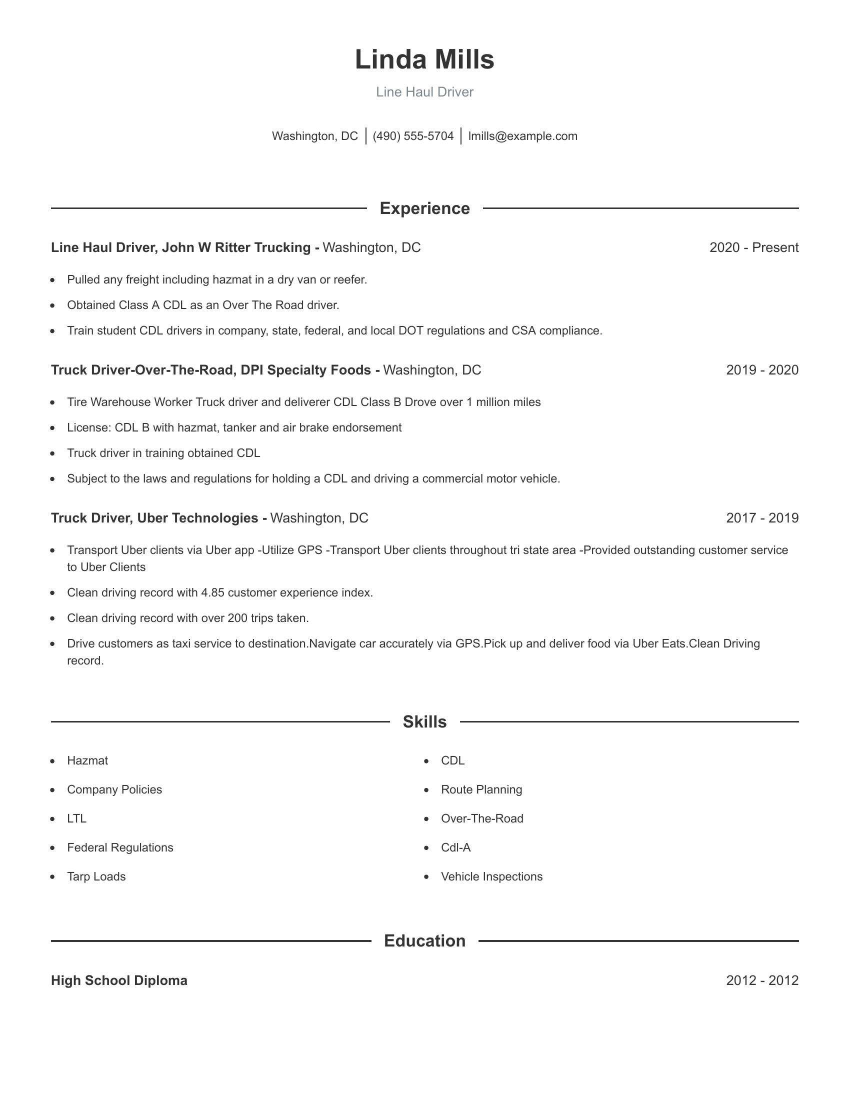 Line Haul Driver resume example