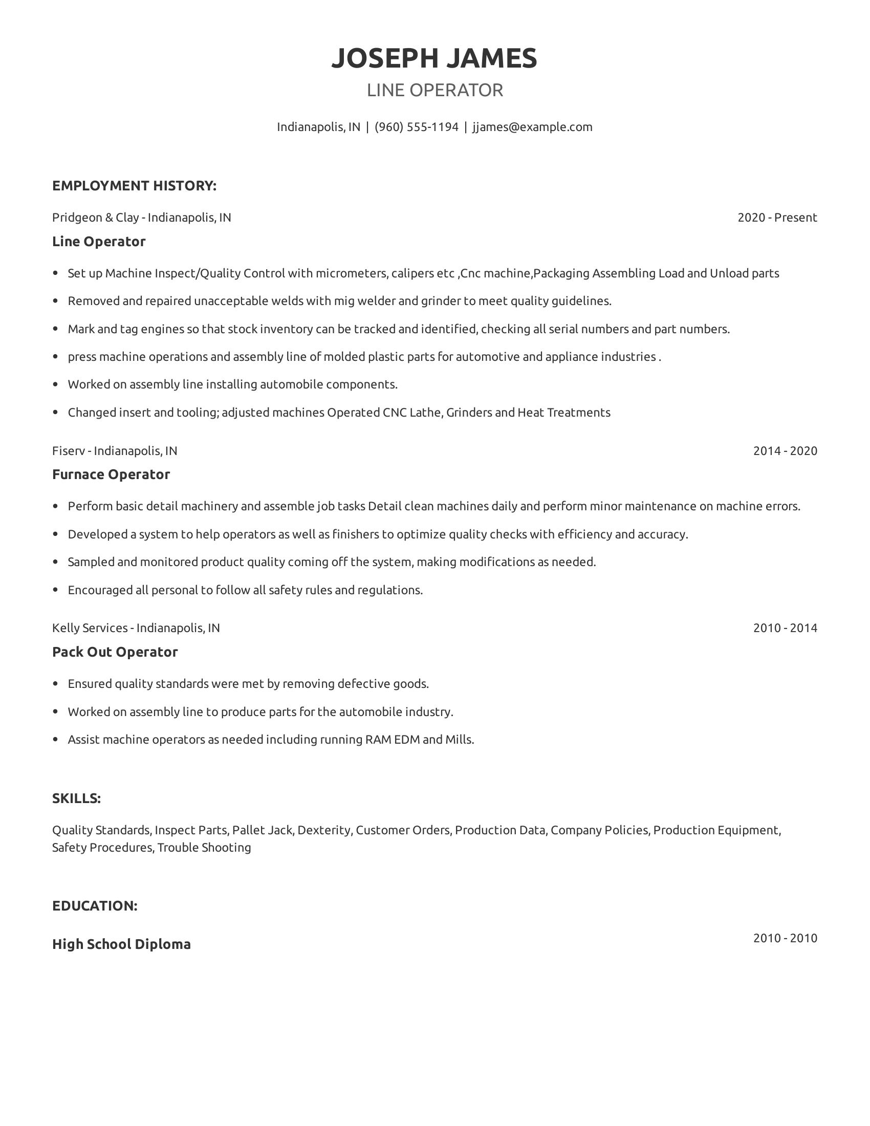 Line Operator resume example