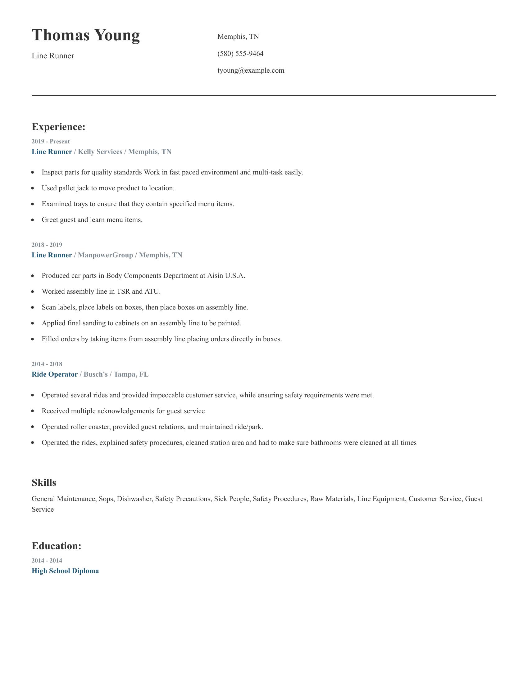 Line Runner resume example