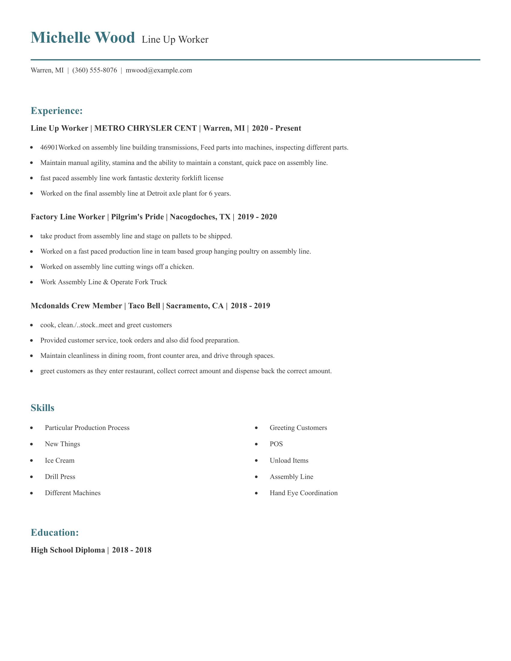 Line Up Worker resume example