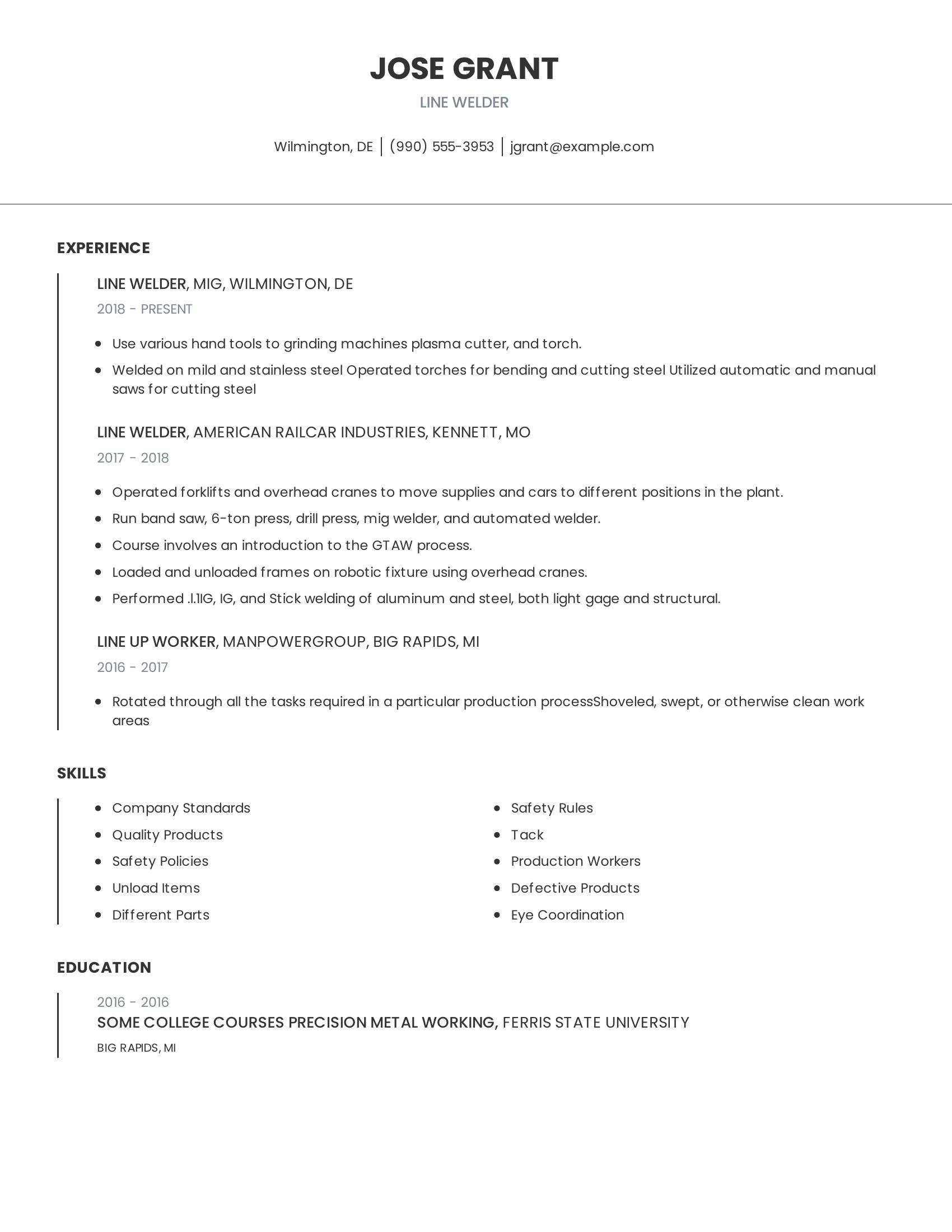 Line Welder resume example