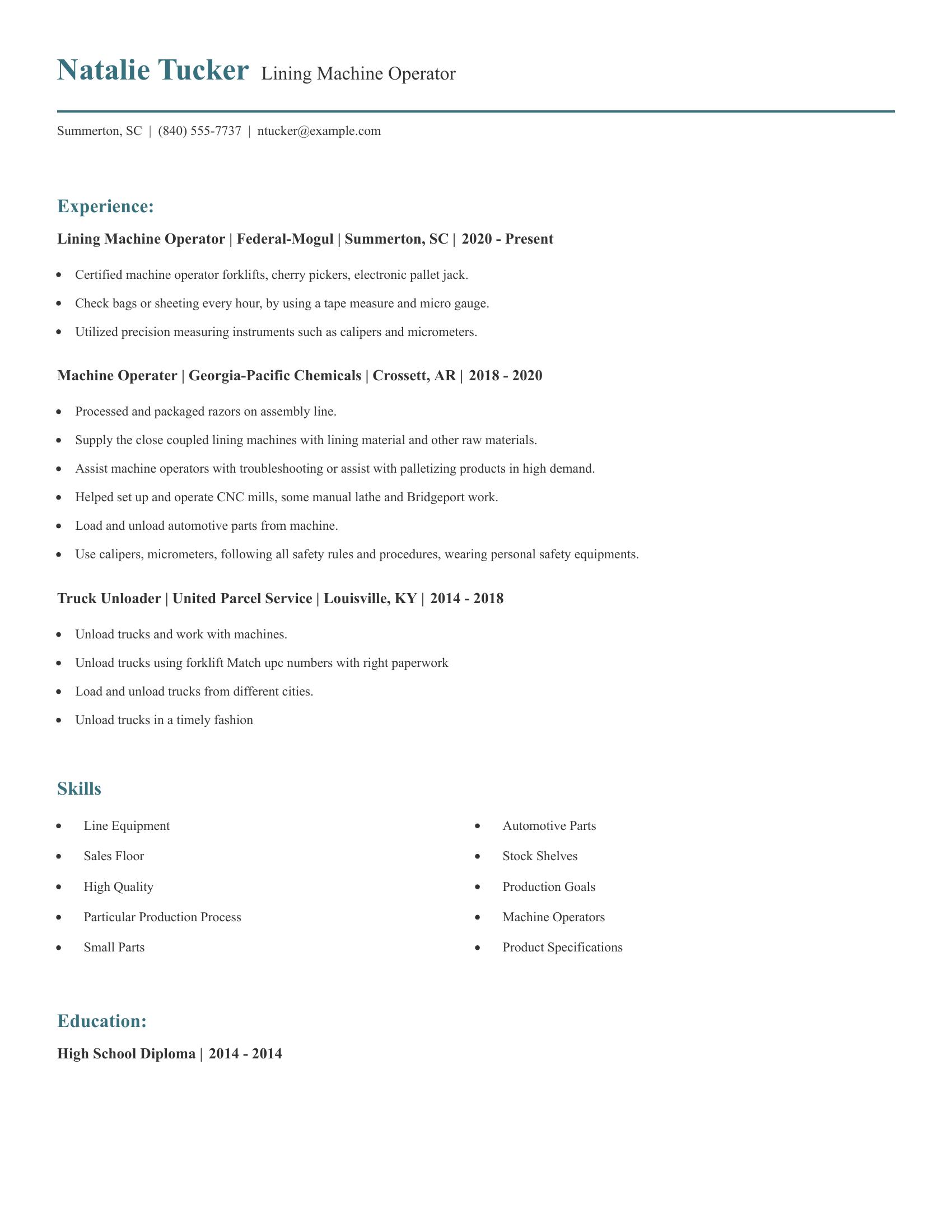 Lining Machine Operator resume example