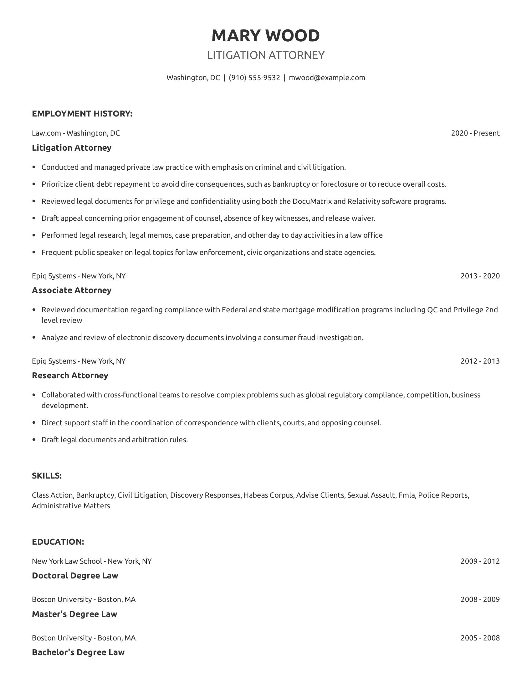 Litigation Attorney resume example