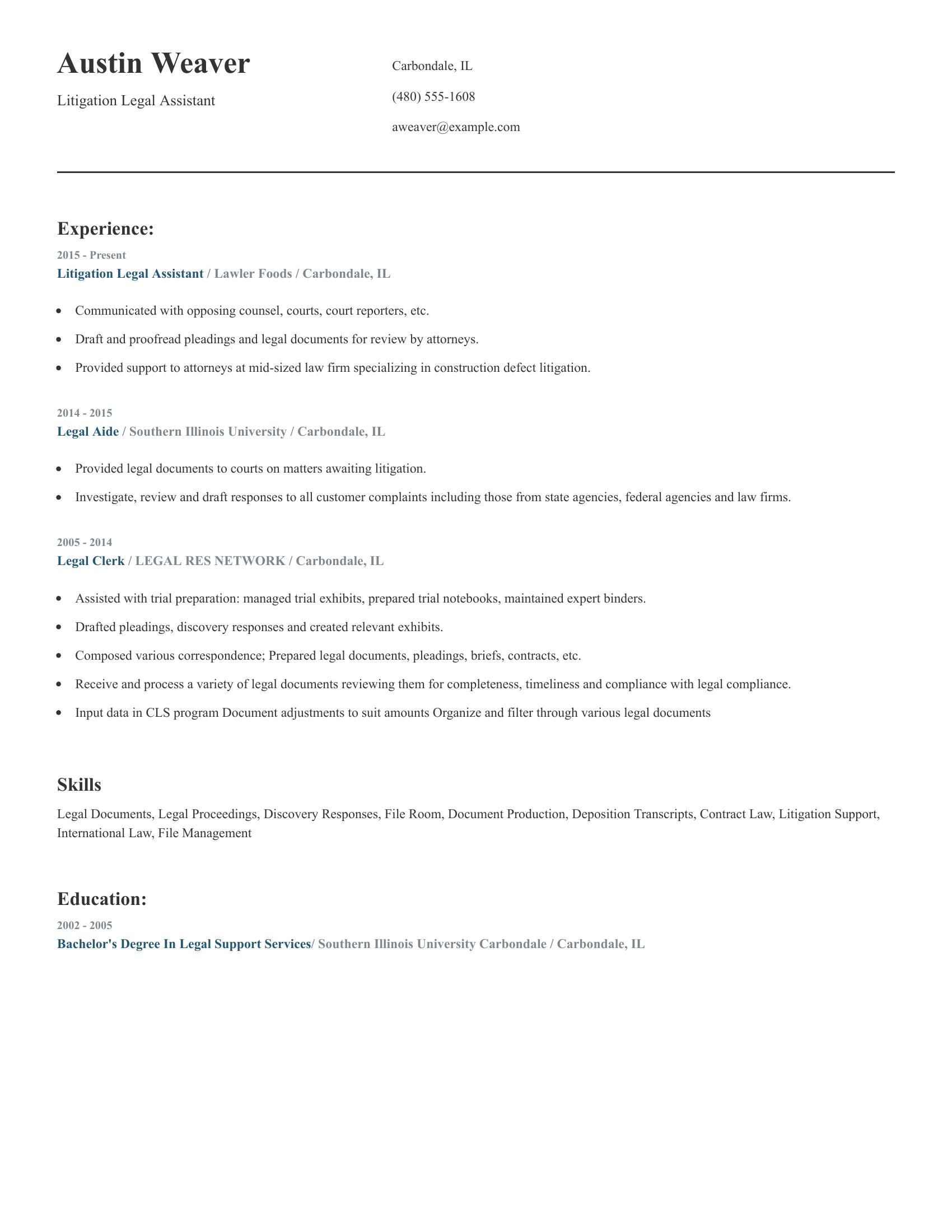 Litigation Legal Assistant resume example