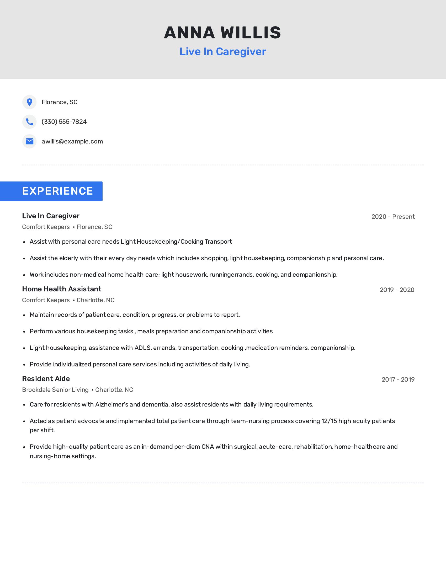 Live In Caregiver resume example