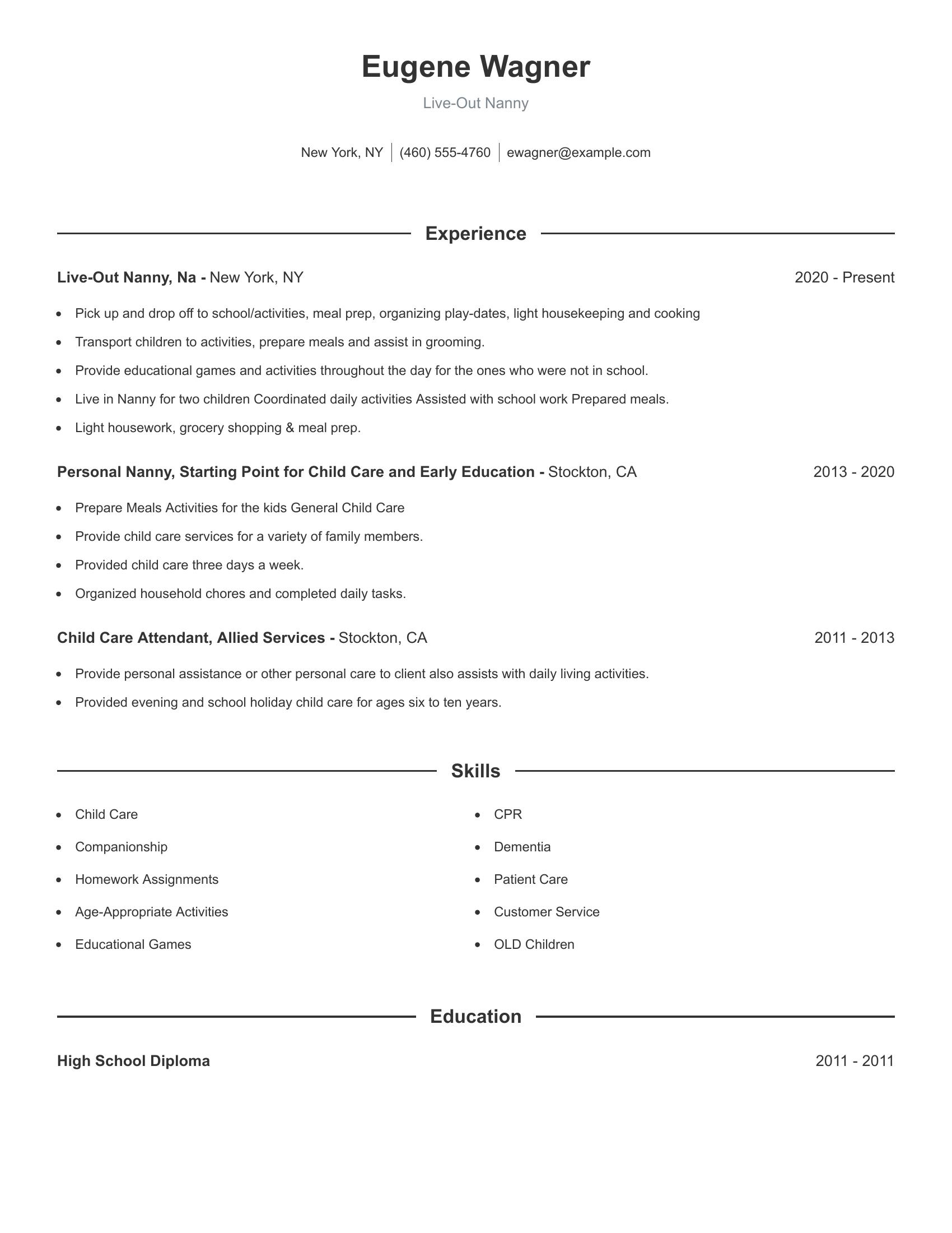 Live-Out Nanny resume example