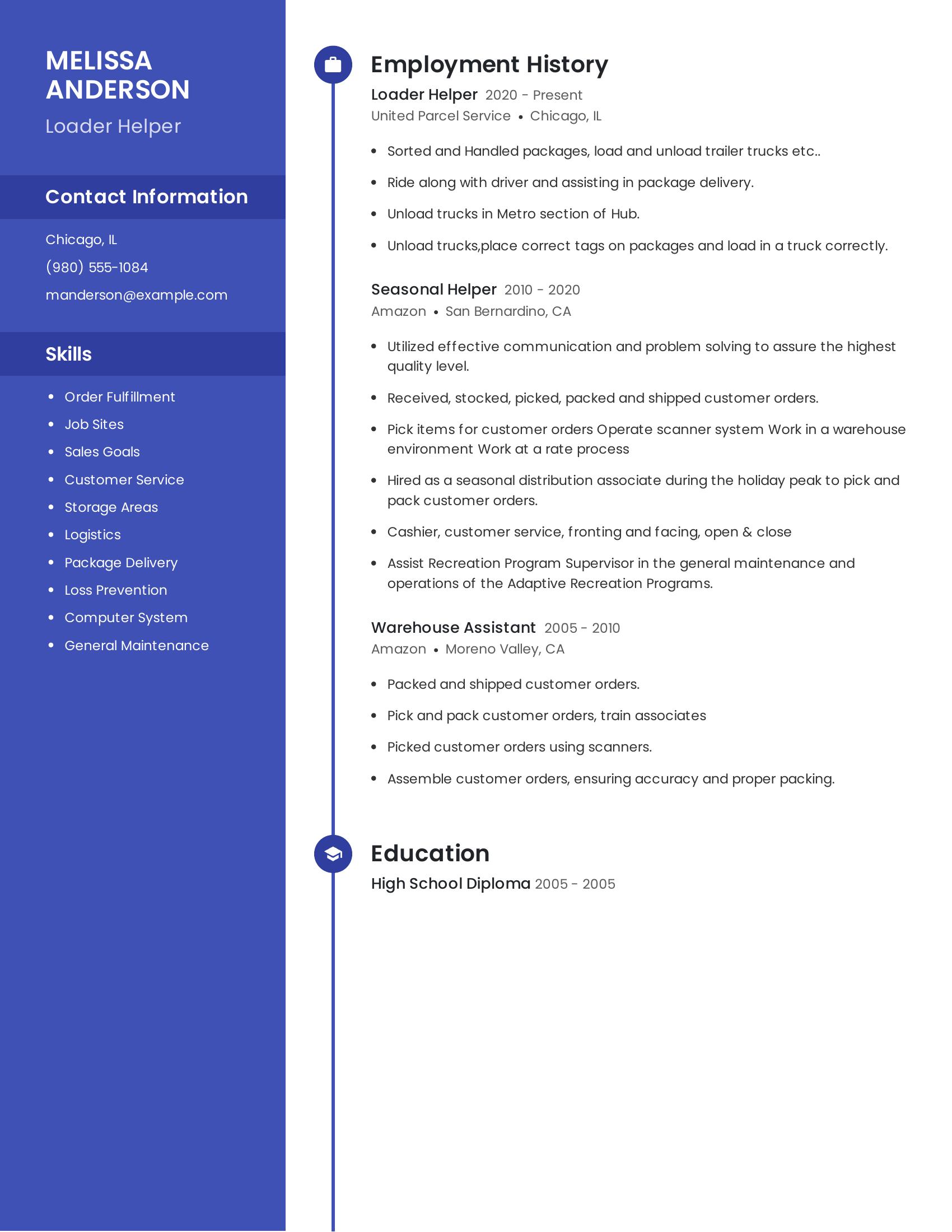 Loader Helper resume example