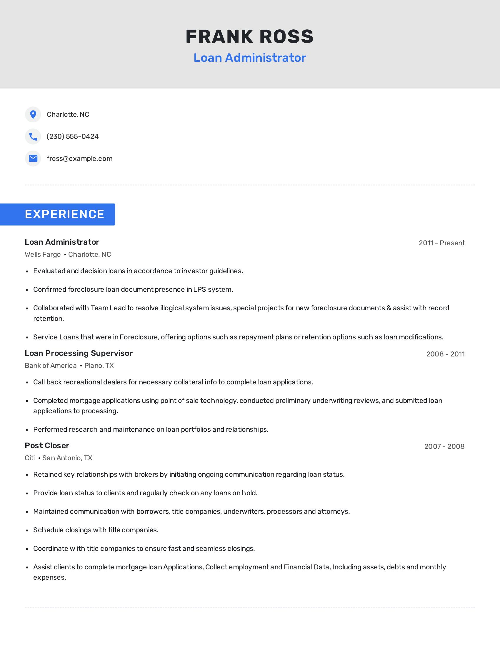 Loan Administrator resume example
